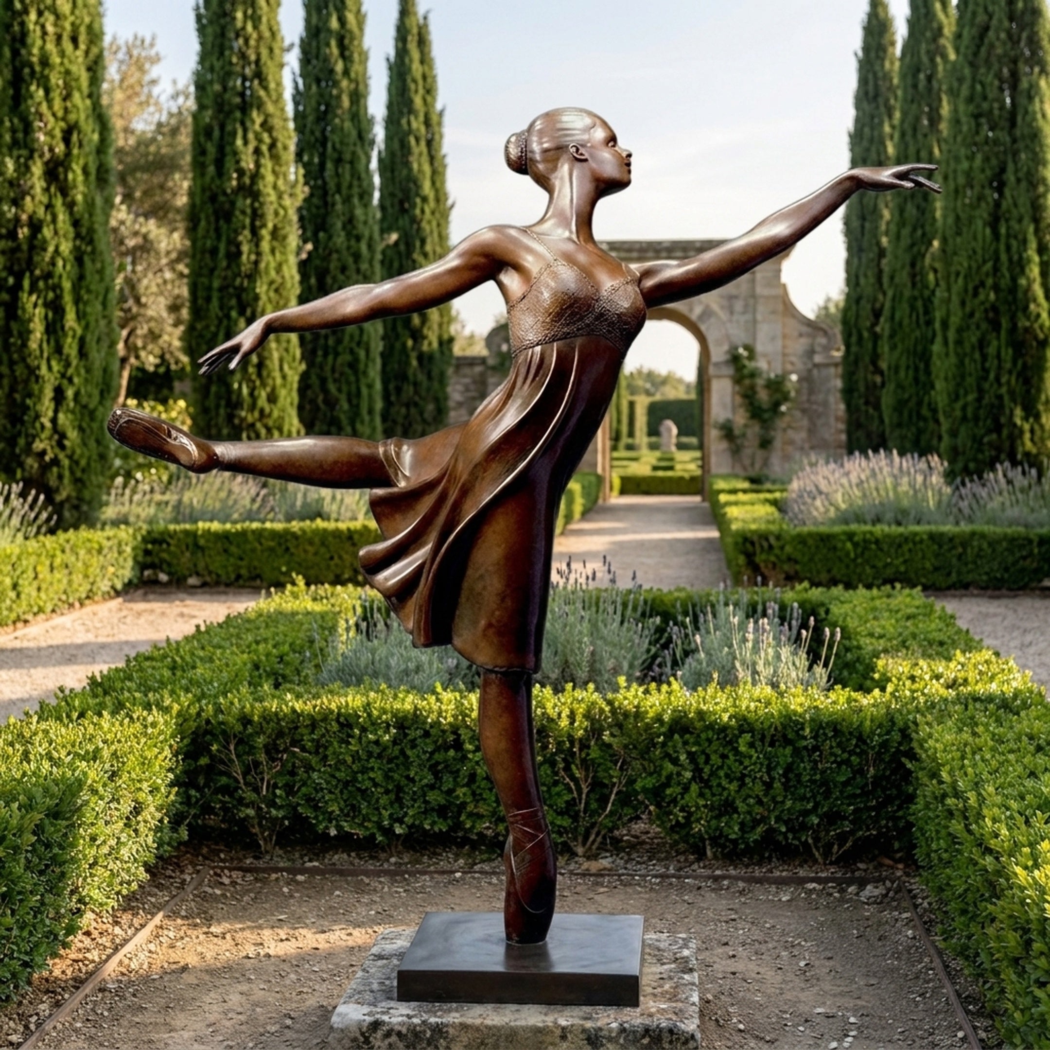 Contemporary Ballerina en Pointe Bronze Sculpture by Giant Sculptures, arms outstretched and leg extended, on a dark plinth in a cypress-lined garden.