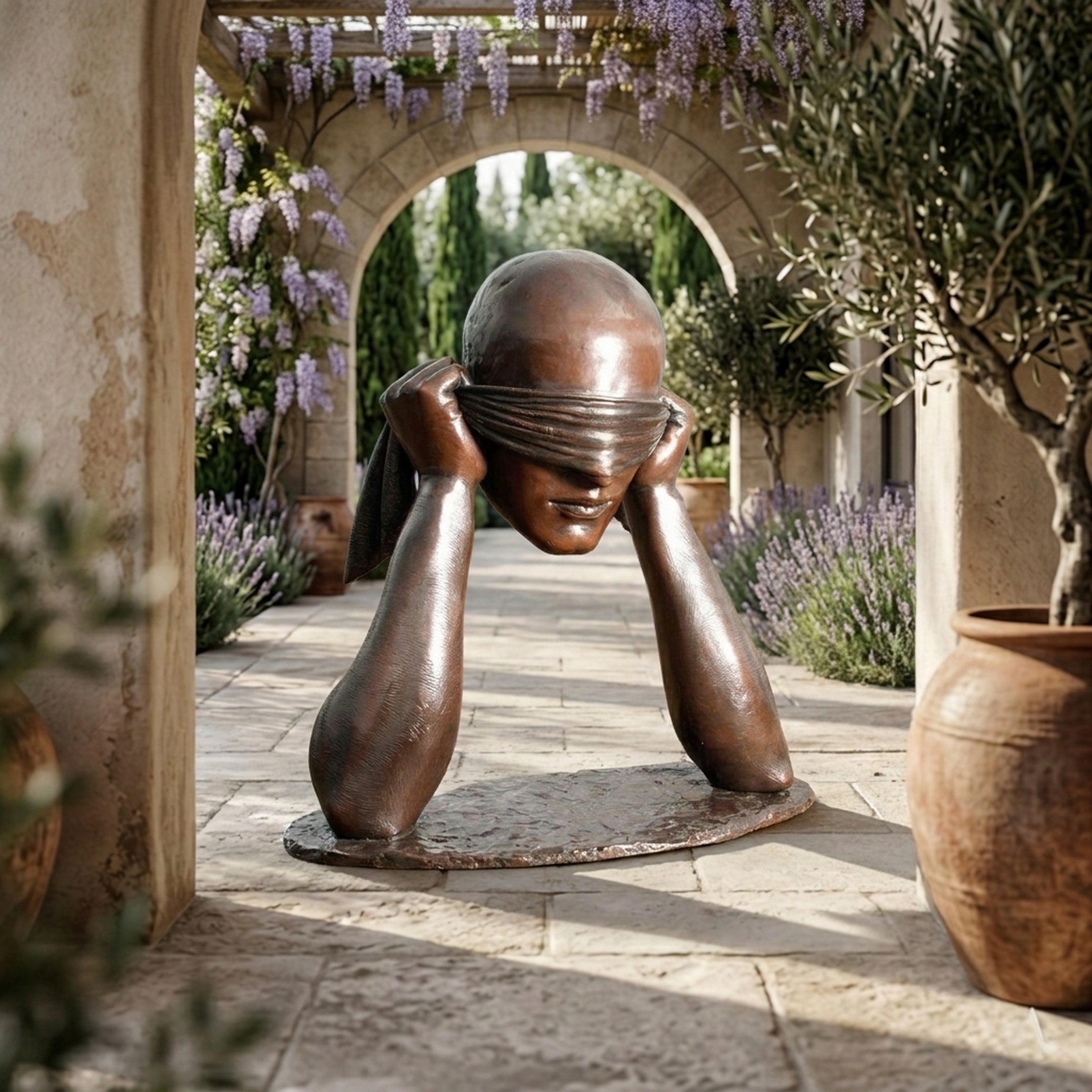 Giant Sculptures' 160cm Contemporary Blindfolded Emerging Head bronze stands on a stone courtyard beneath a wisteria-draped archway flanked by lavender and olive trees.