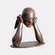 Giant Sculptures Contemporary Blindfolded Emerging Head Bronze Sculpture 160cm, hands pressing a draped cloth over the eyes, warm reddish-brown patina, plain background.