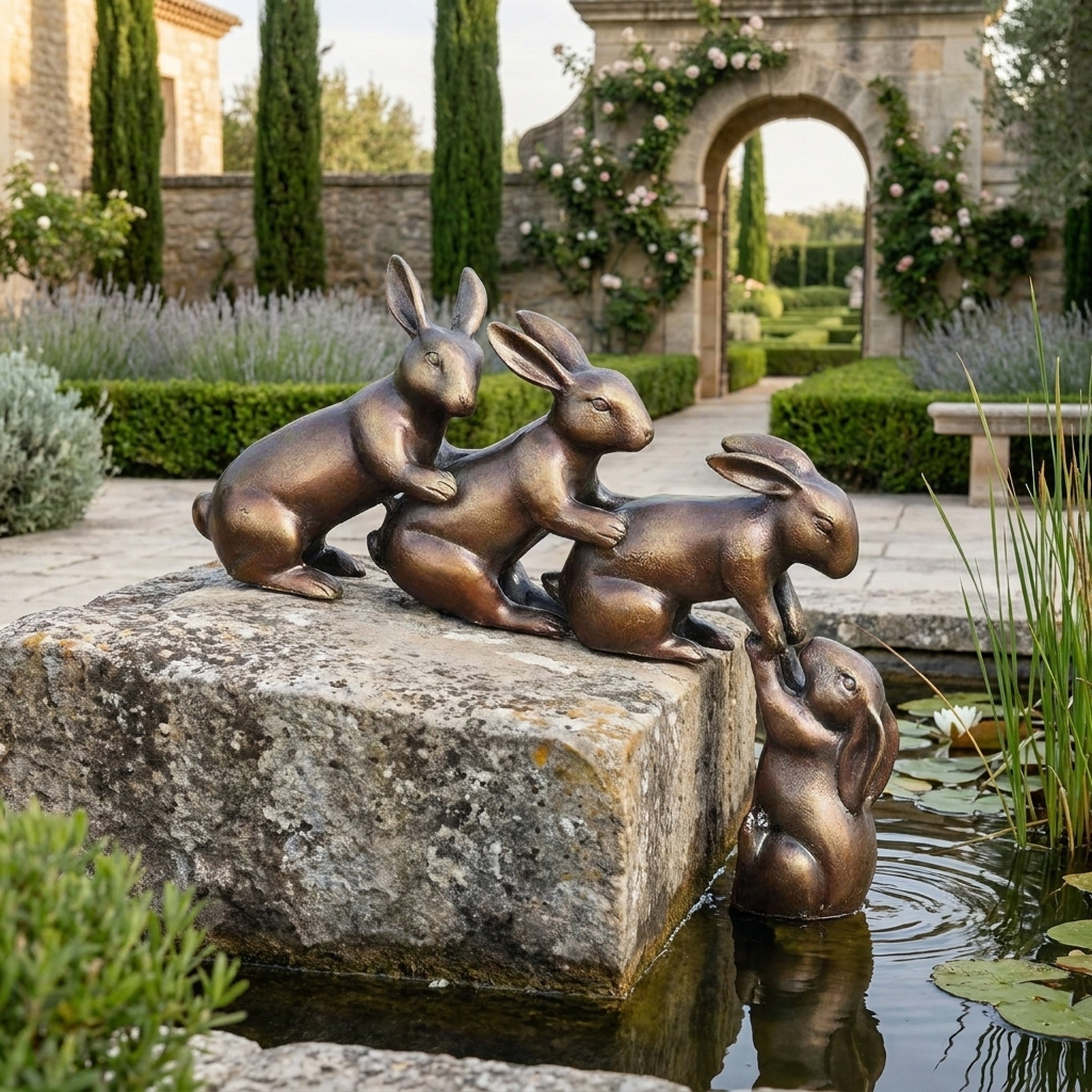 Contemporary Cascading Rabbits Bronze Sculpture by Giant Sculptures, four warm brown rabbits descending a mossy stone ledge toward a lily pond in a formal garden.