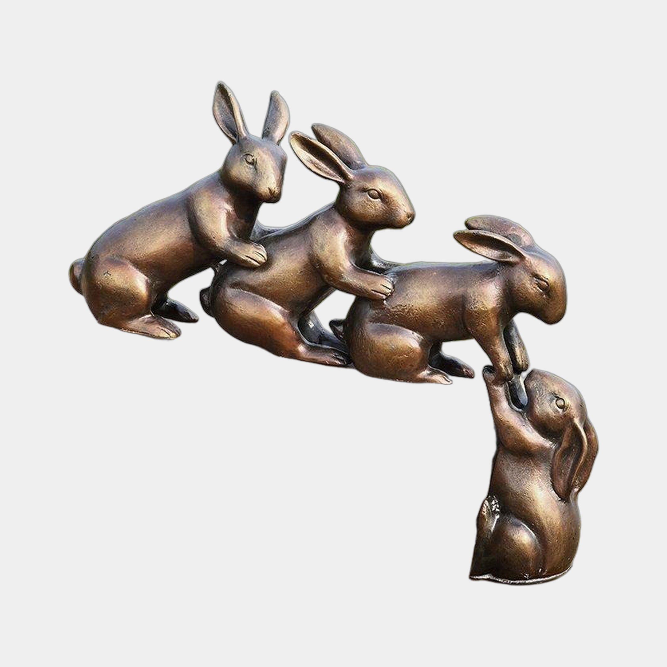 Giant Sculptures Contemporary Cascading Rabbits Bronze Sculpture, 35cm, four warm brown patina rabbits arranged in a descending leaping sequence on a plain background.