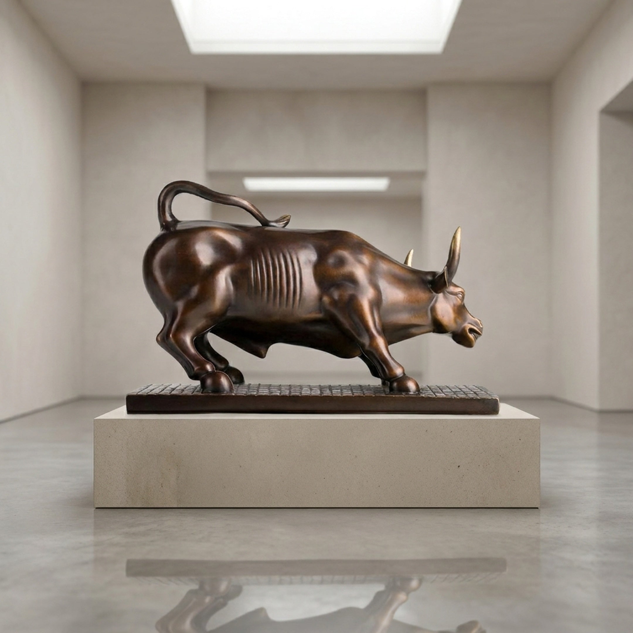 Contemporary Charging Bull Bronze Sculpture by Giant Sculptures, side view with dark patina body and gold horns, displayed on a light plinth in a gallery.