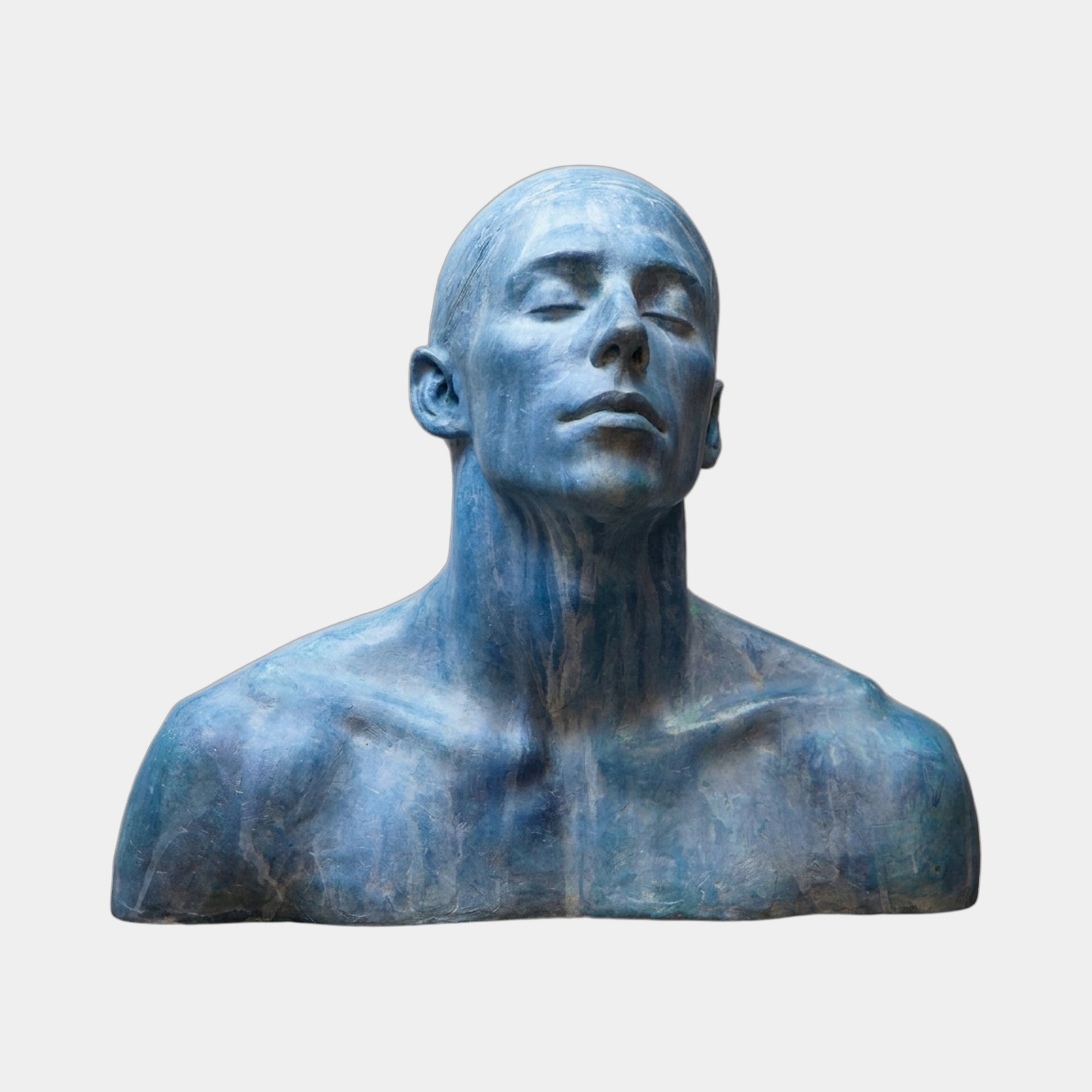 Contemporary Contemplative Male Bust by Giant Sculptures, 70cm bronze with blue-green patina, head tilted up and eyes closed, shown against a plain background.