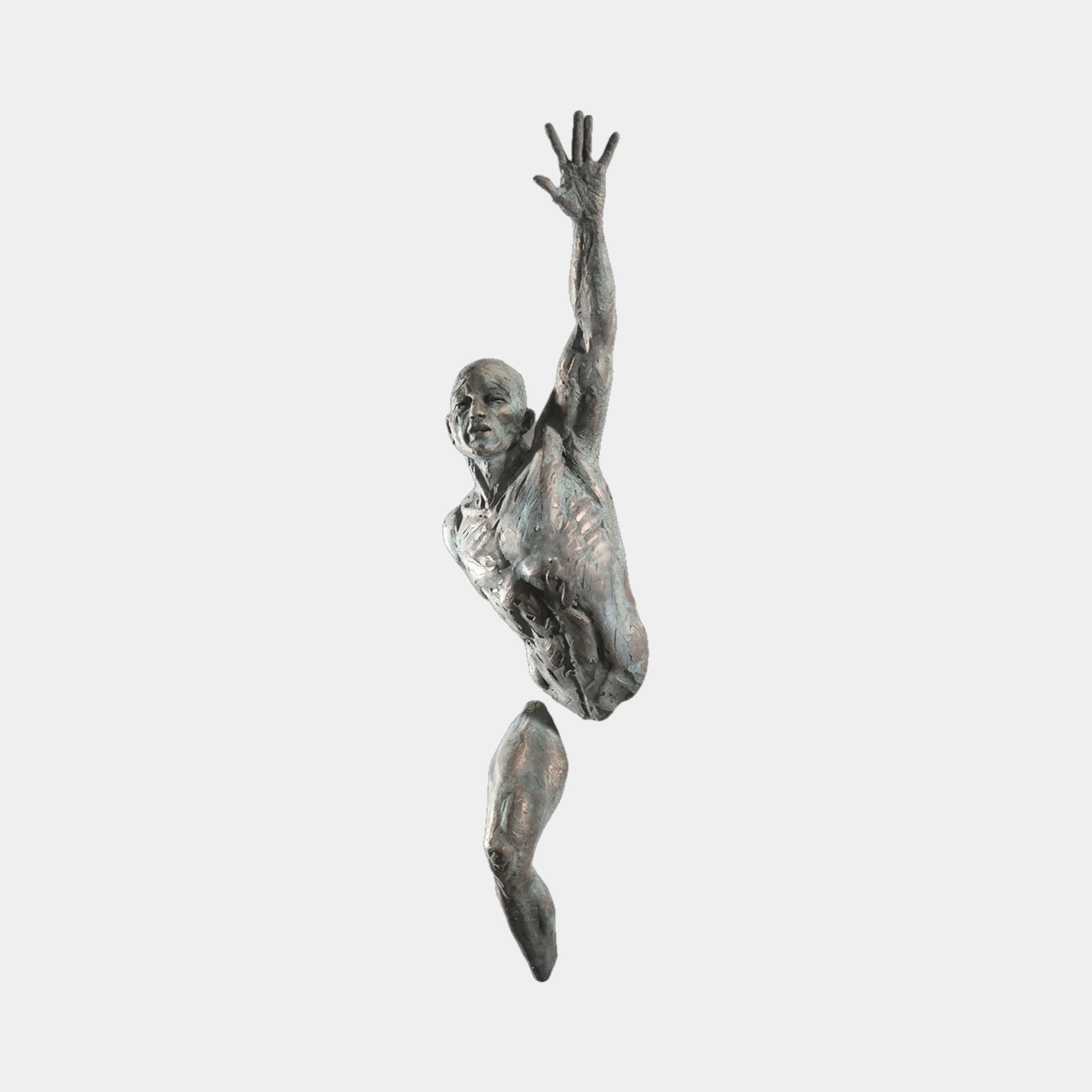 Giant Sculptures Contemporary Emerging Male Figure Bronze Relief 110cm, muscular torso with arm raised and separate lower leg, silver-grey patina on a pale background.