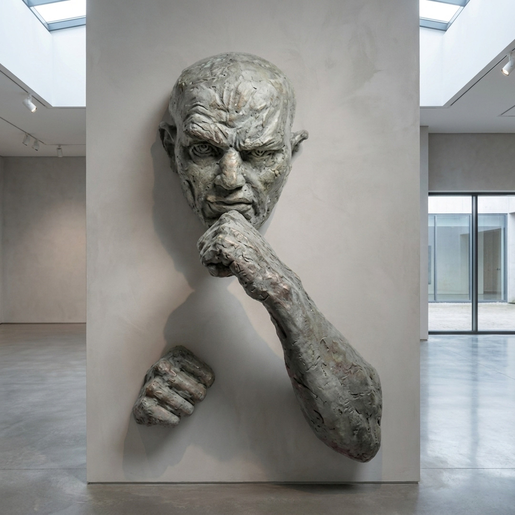 Contemporary Emerging Male Figure Bronze Wall Sculpture by Giant Sculptures, furrowed face with fist to chin and lower clenched fist emerging from a gallery wall.