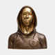 Contemporary Hooded Anonymous Bust Bronze Sculpture by Giant Sculptures, with brown-bronze hood and polished gold face and Bitcoin medallion, on a plain background.