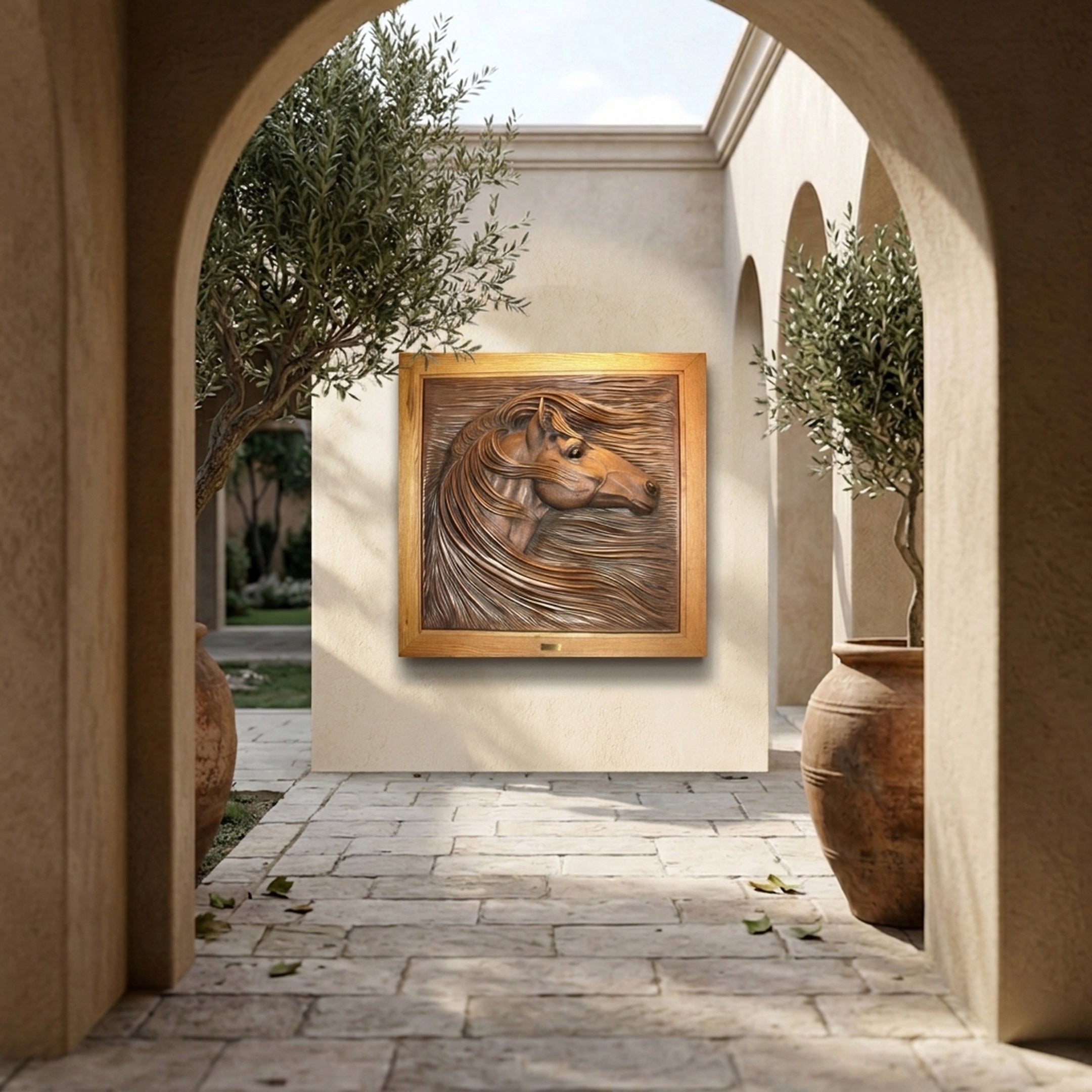 Contemporary Horse Head Bronze Relief 100cm by Giant Sculptures, oak-framed panel mounted on a cream wall in a sunlit Mediterranean courtyard with olive trees.