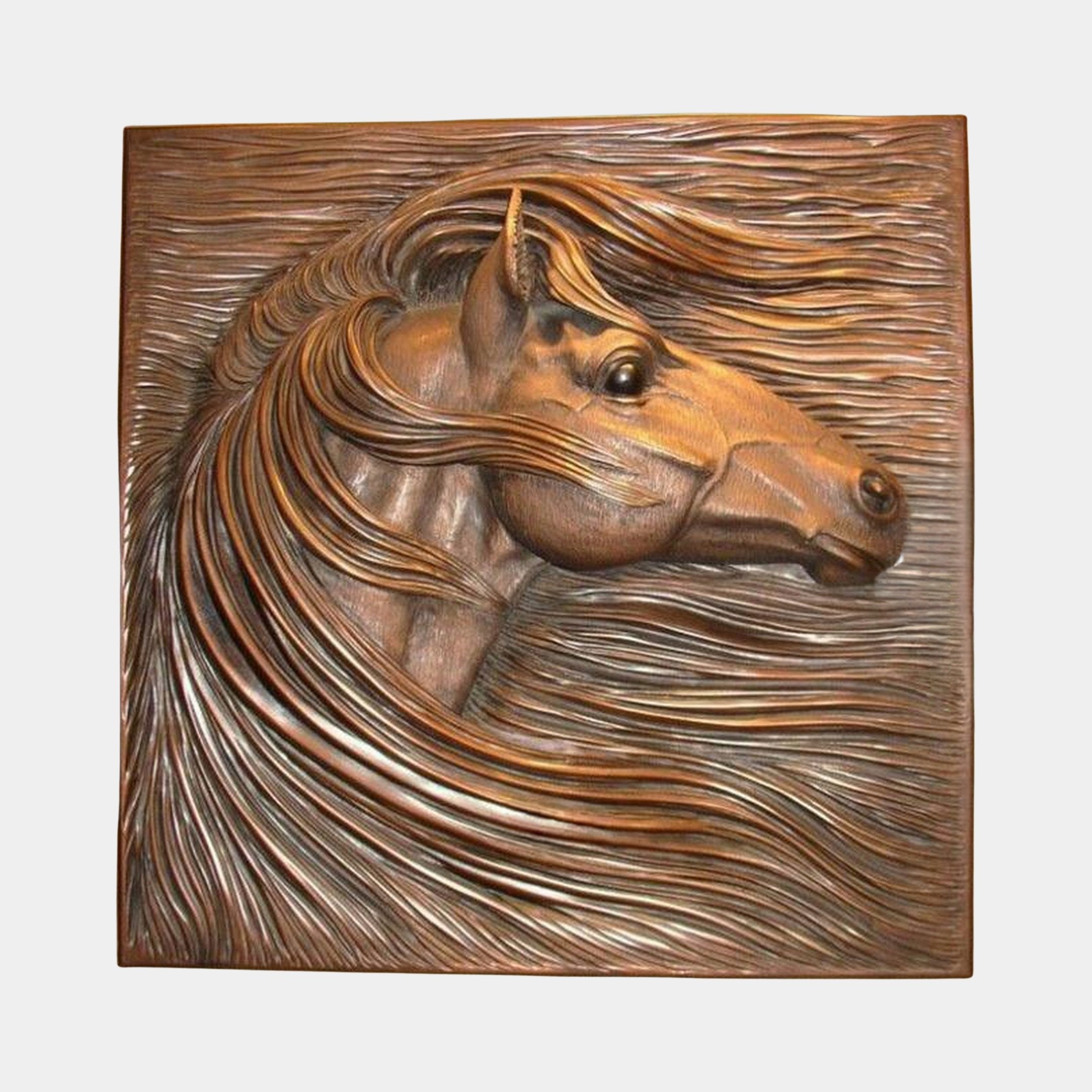 Contemporary Horse Head Bronze Relief 100cm by Giant Sculptures, horse in sharp profile with flowing mane sweeping across a rippled warm reddish-brown panel.