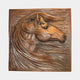Contemporary Horse Head Bronze Relief 100cm by Giant Sculptures, horse in sharp profile with flowing mane sweeping across a rippled warm reddish-brown panel.