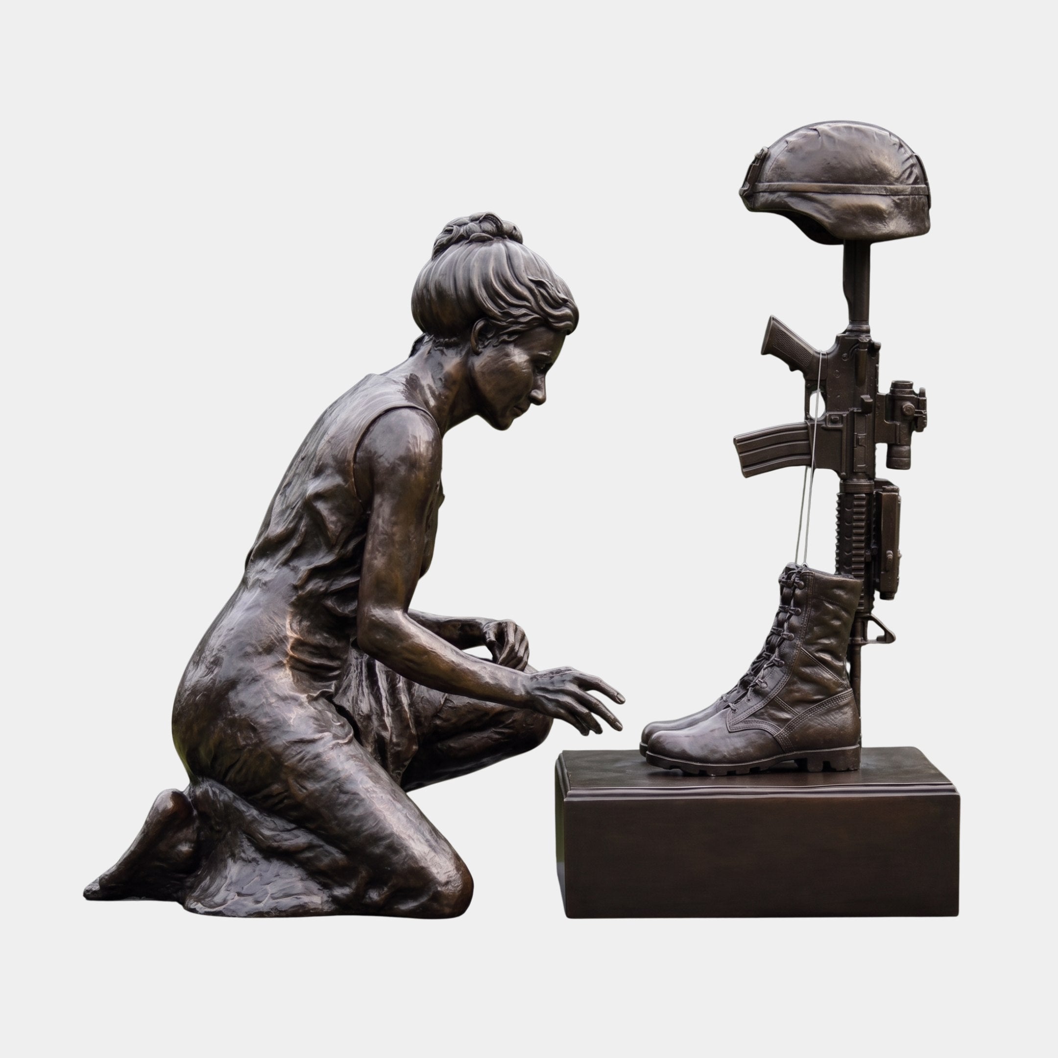 Giant Sculptures Contemporary Kneeling Woman and Battlefield Cross Memorial Bronze Sculpture 120cm, side view with dark patina, on a plain background.