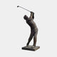 Contemporary Life-Size Male Golfer Bronze Sculpture by Giant Sculptures, shown mid follow-through with club raised, dark brown patina, on a rectangular plinth.