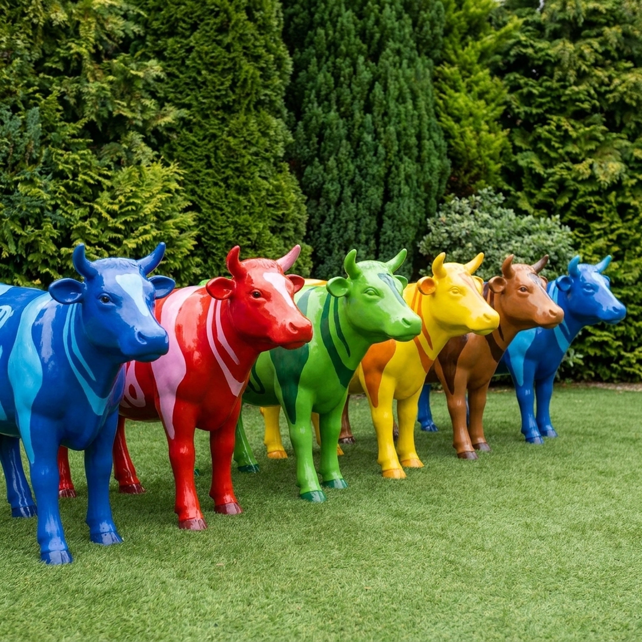 Row of Contemporary Life-Size Painted Cow Bronze Sculptures by Giant Sculptures in blue, red, green, yellow and brown high-gloss finishes on a lawn.