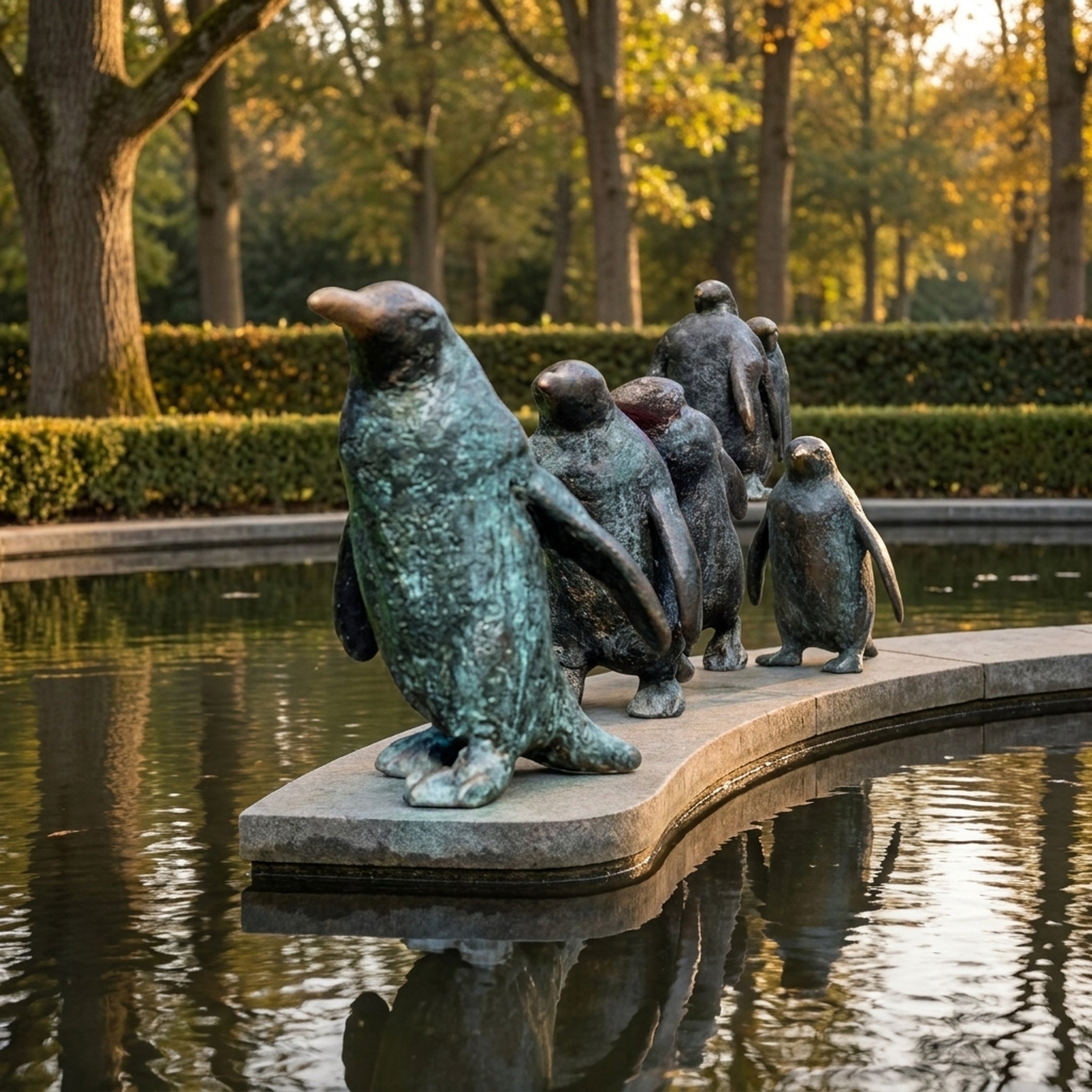 Contemporary Life-Size Penguin Group Bronze Sculpture by Giant Sculptures, dark patina with green verdigris, grouped on a curved stone ledge above a garden pond.