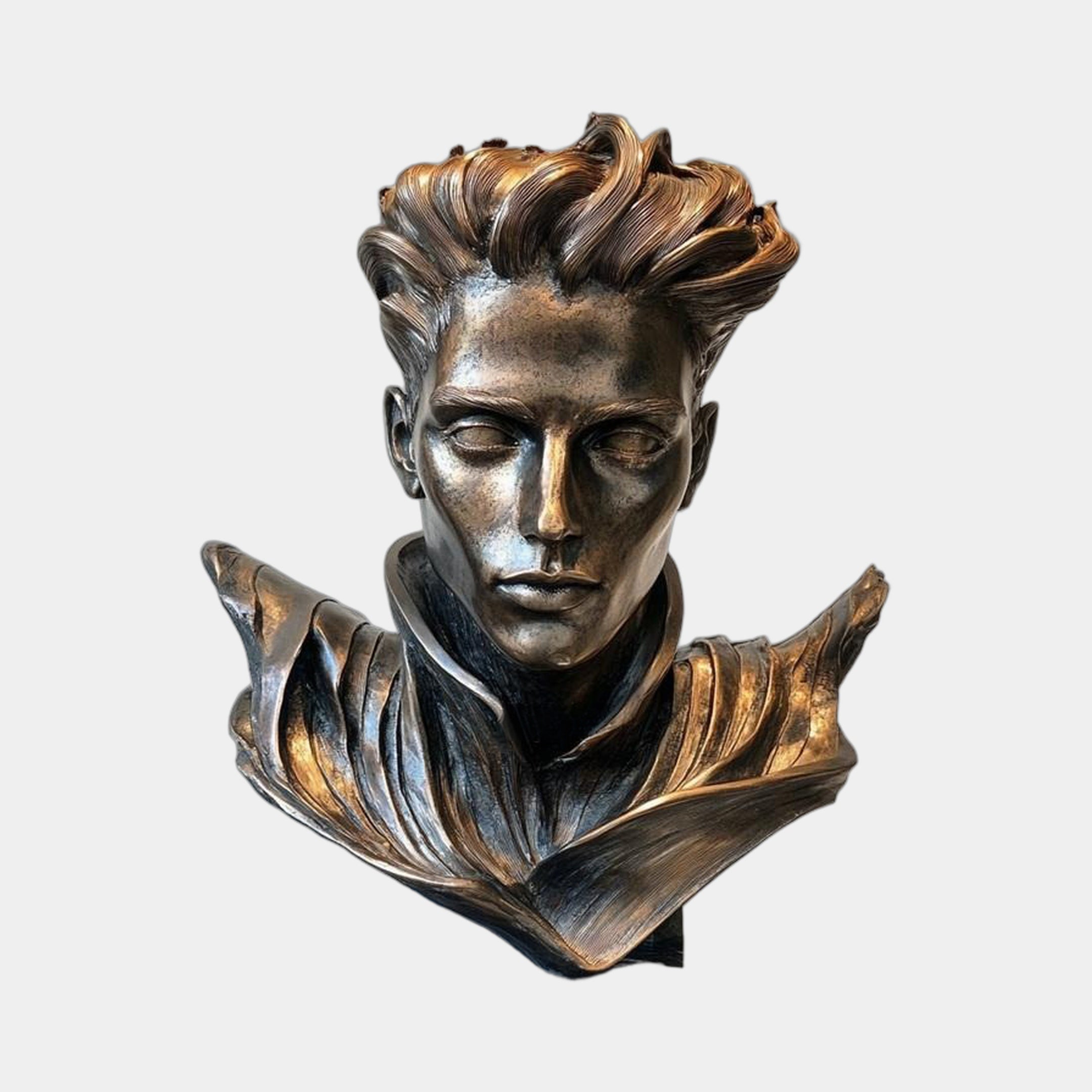 Giant Sculptures Contemporary Male Bust Bronze Bust 100cm with swept-back hair and ruffled collar in dark patina with bronze highlights, plain grey background.