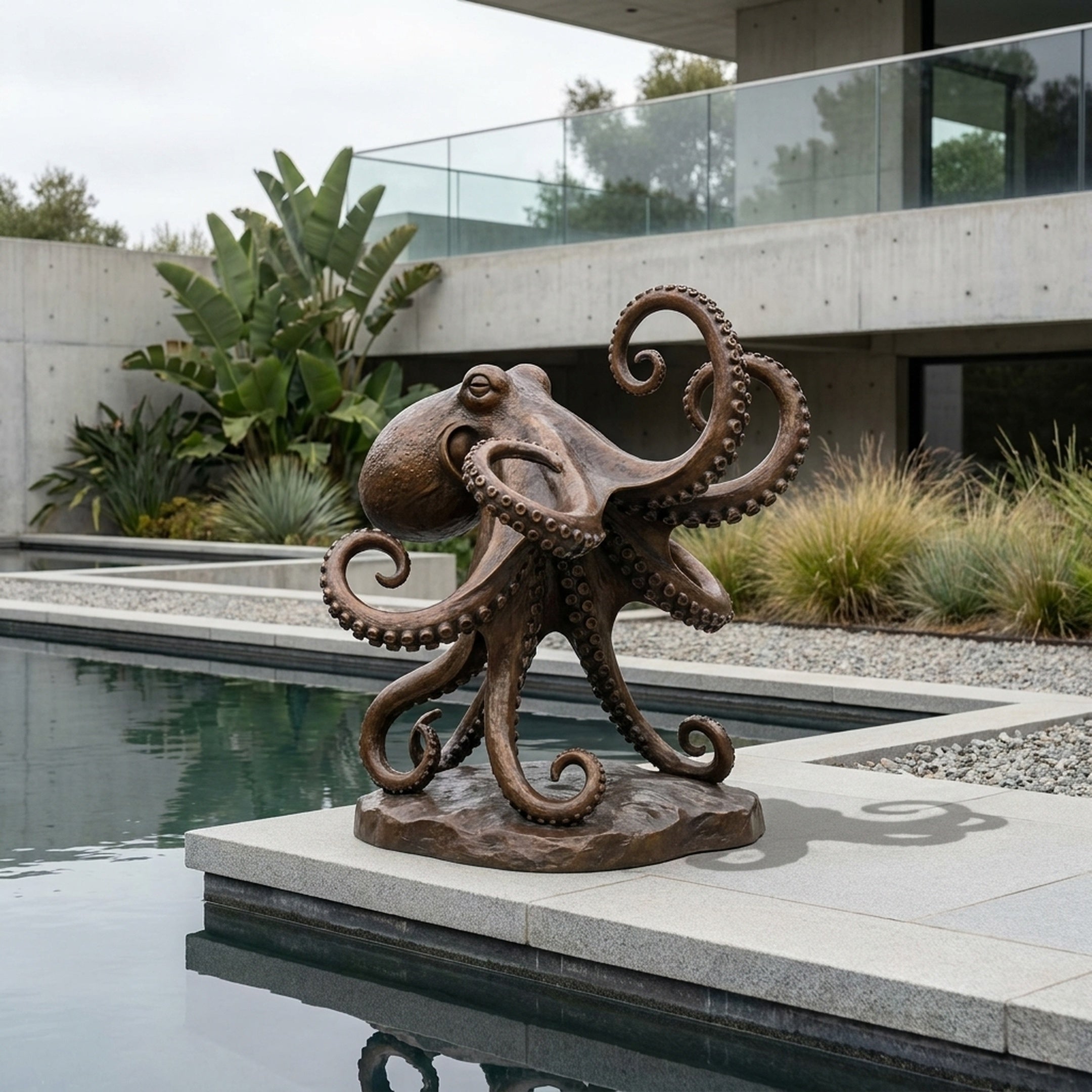 Contemporary Octopus Bronze Sculpture by Giant Sculptures, 80cm, displayed on a stone poolside terrace beside a modern concrete house with tropical planting.