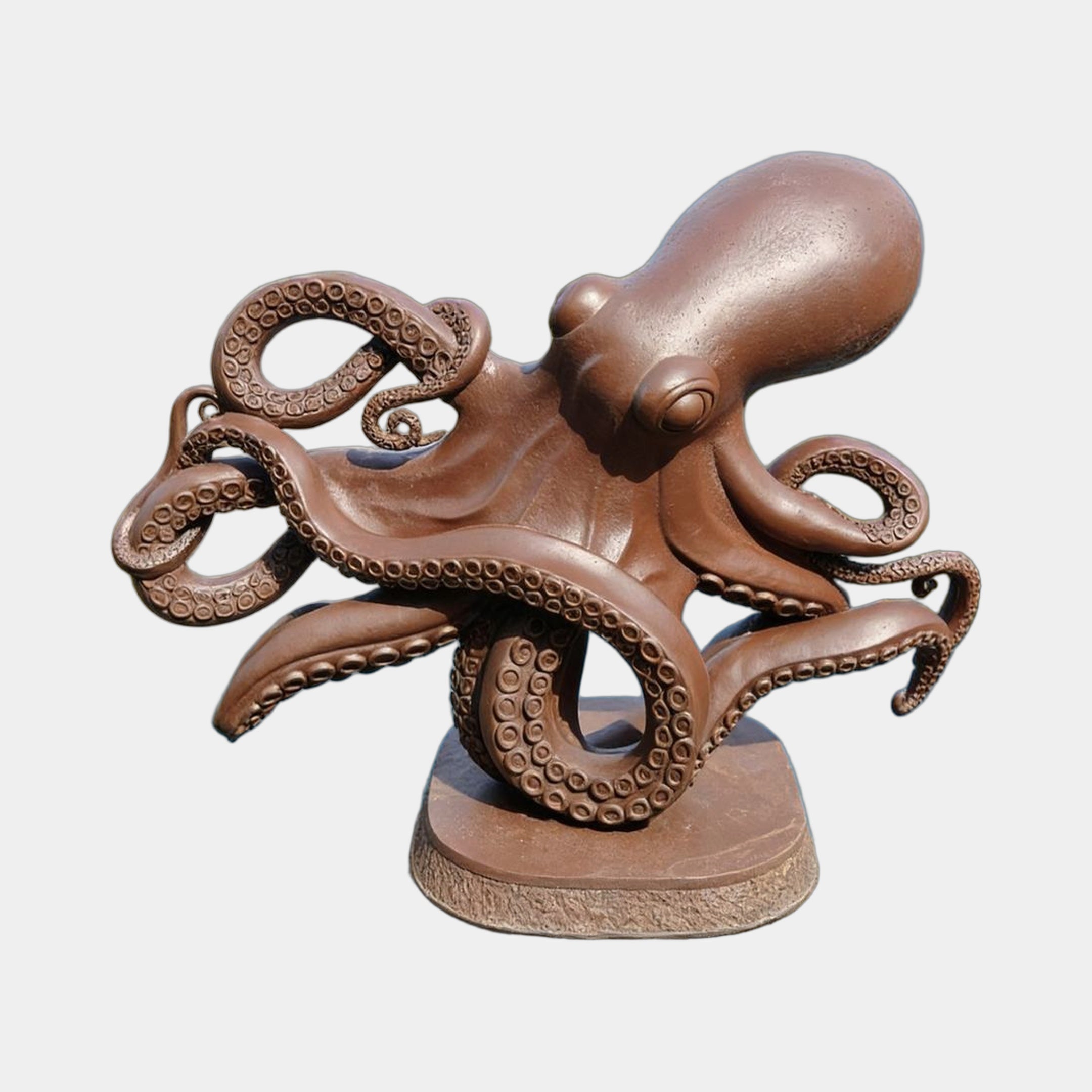 Contemporary Octopus Bronze Sculpture 80cm by Giant Sculptures, raised mantle and eight curling tentacles in warm brown patina on an oval base, plain background.