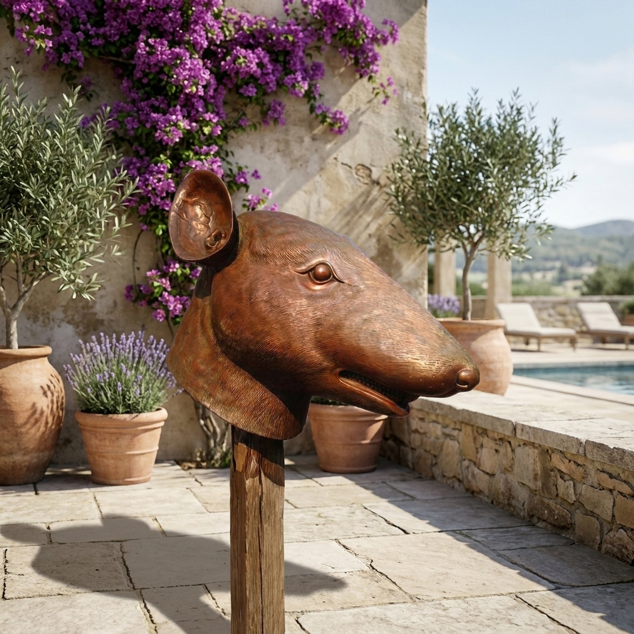 Contemporary Rat Head Bronze Sculpture 45cm by Giant Sculptures mounted on a wooden post on a stone terrace beside potted lavender, olive trees, and a pool.
