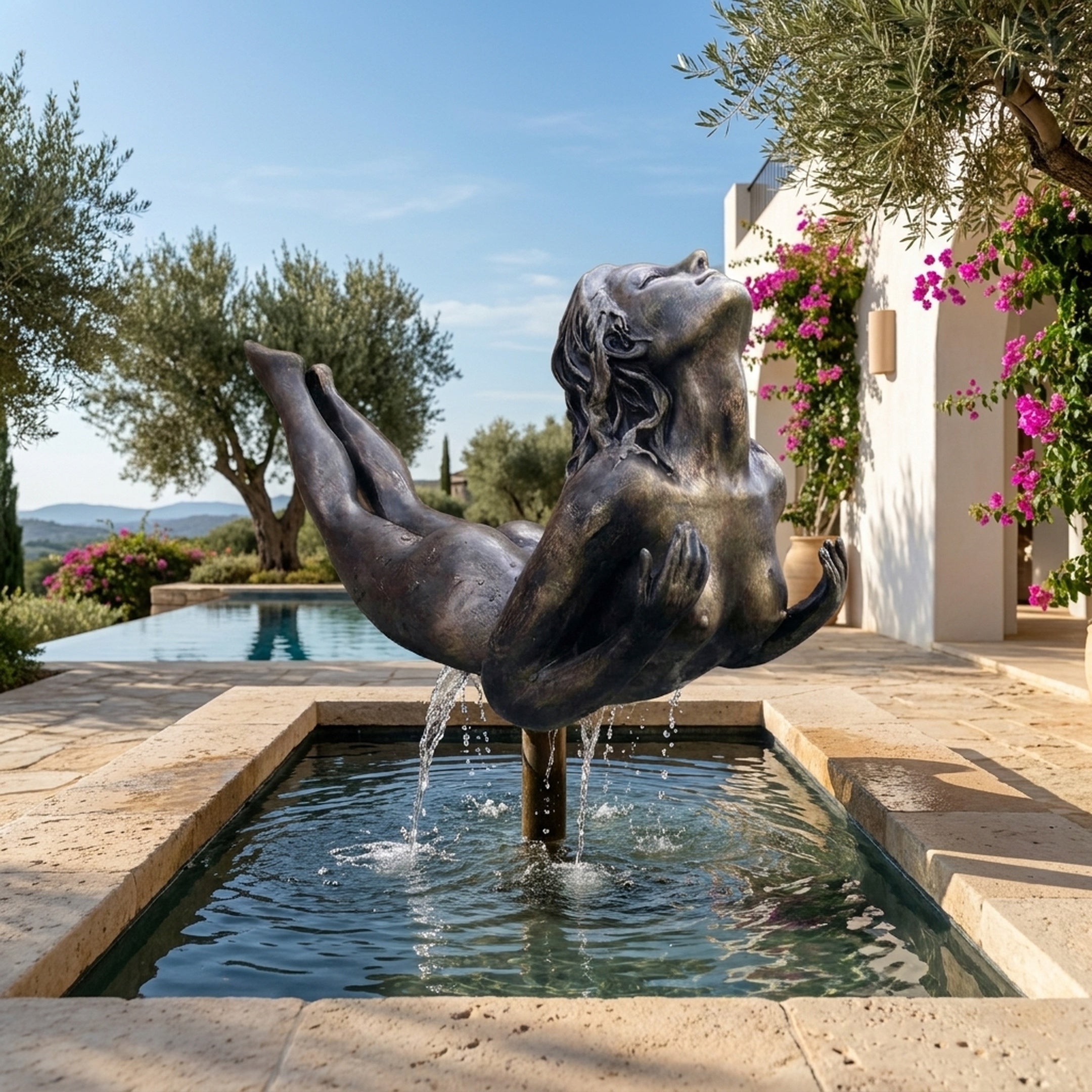 Giant Sculptures Contemporary Reclining Female Figure Bronze Fountain in dark patina, arched backward over a stone basin beside a pool with olive trees.