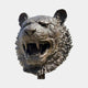 Giant Sculptures Contemporary Roaring Tiger Head Bronze Bust at 45cm, front view of the mid-roar face with bared fangs and radiating fur, on a plain grey background.