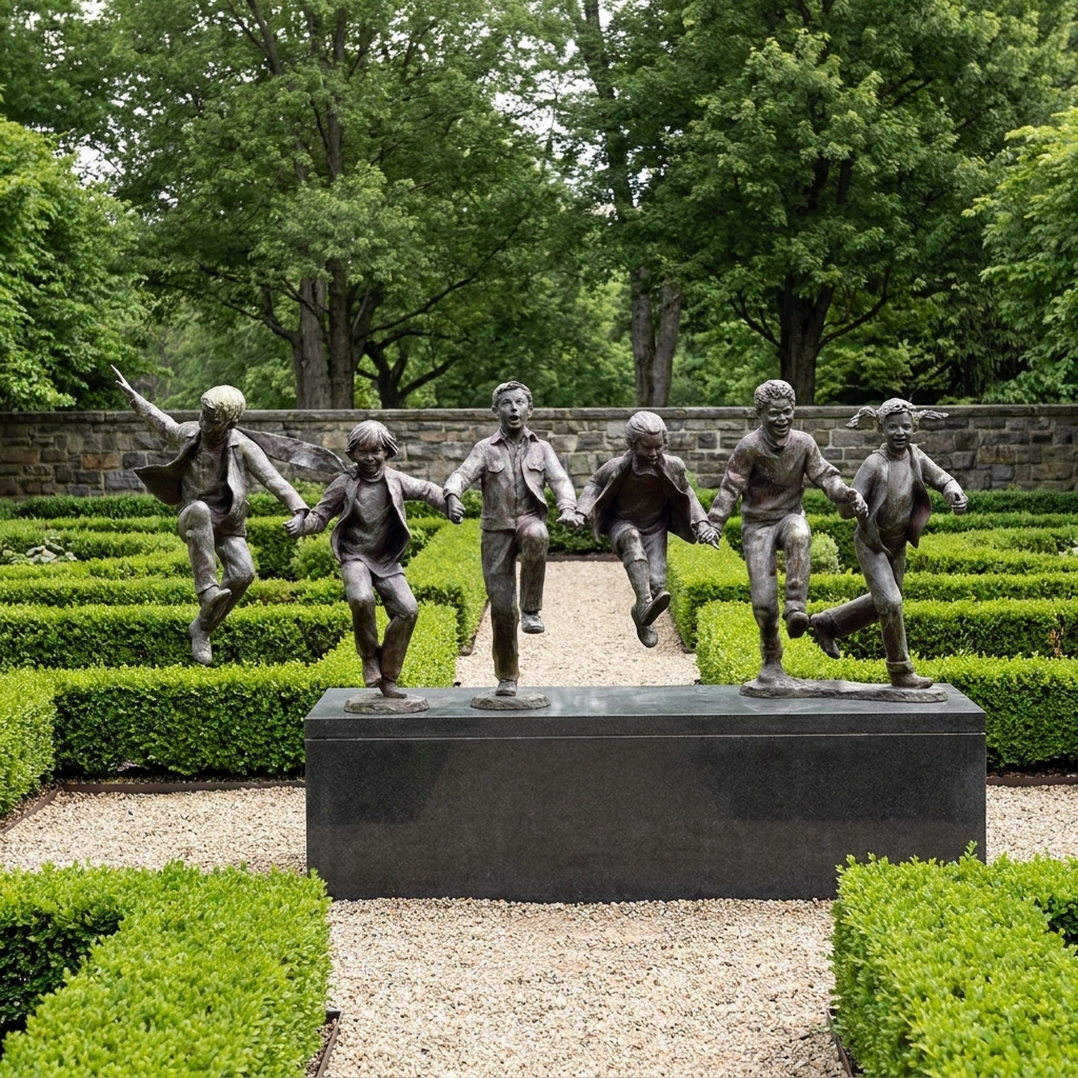 Contemporary Running Children Bronze Sculpture by Giant Sculptures, six figures mid-stride on a dark plinth in a manicured boxwood garden with gravel paths.