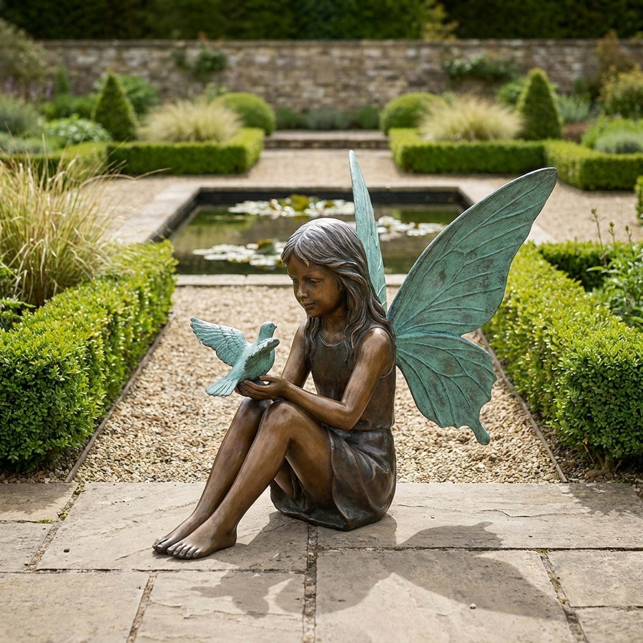 Giant Sculptures' 150cm Contemporary Seated Fairy Girl with Dove bronze sculpture, verdigris wings spread, displayed on a stone terrace beside a formal garden pond.