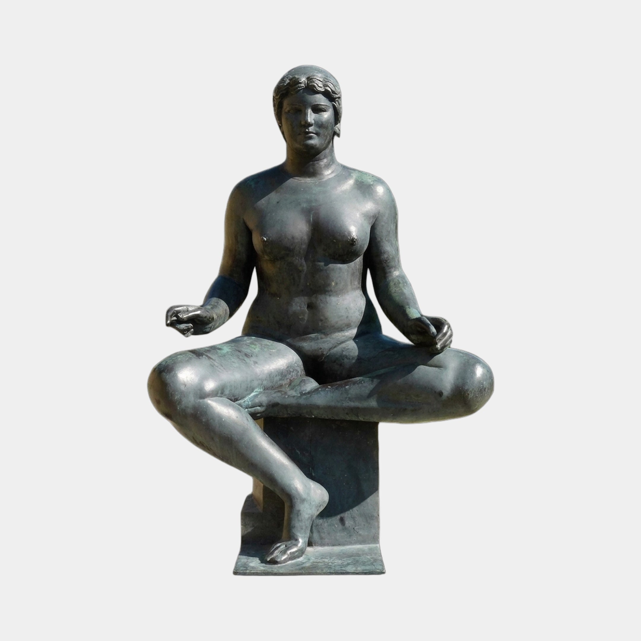 Giant Sculptures' 140cm Contemporary Seated Nude Female Bronze Sculpture in a cross-legged meditation pose with verdigris patina, shown front-on against a plain background.