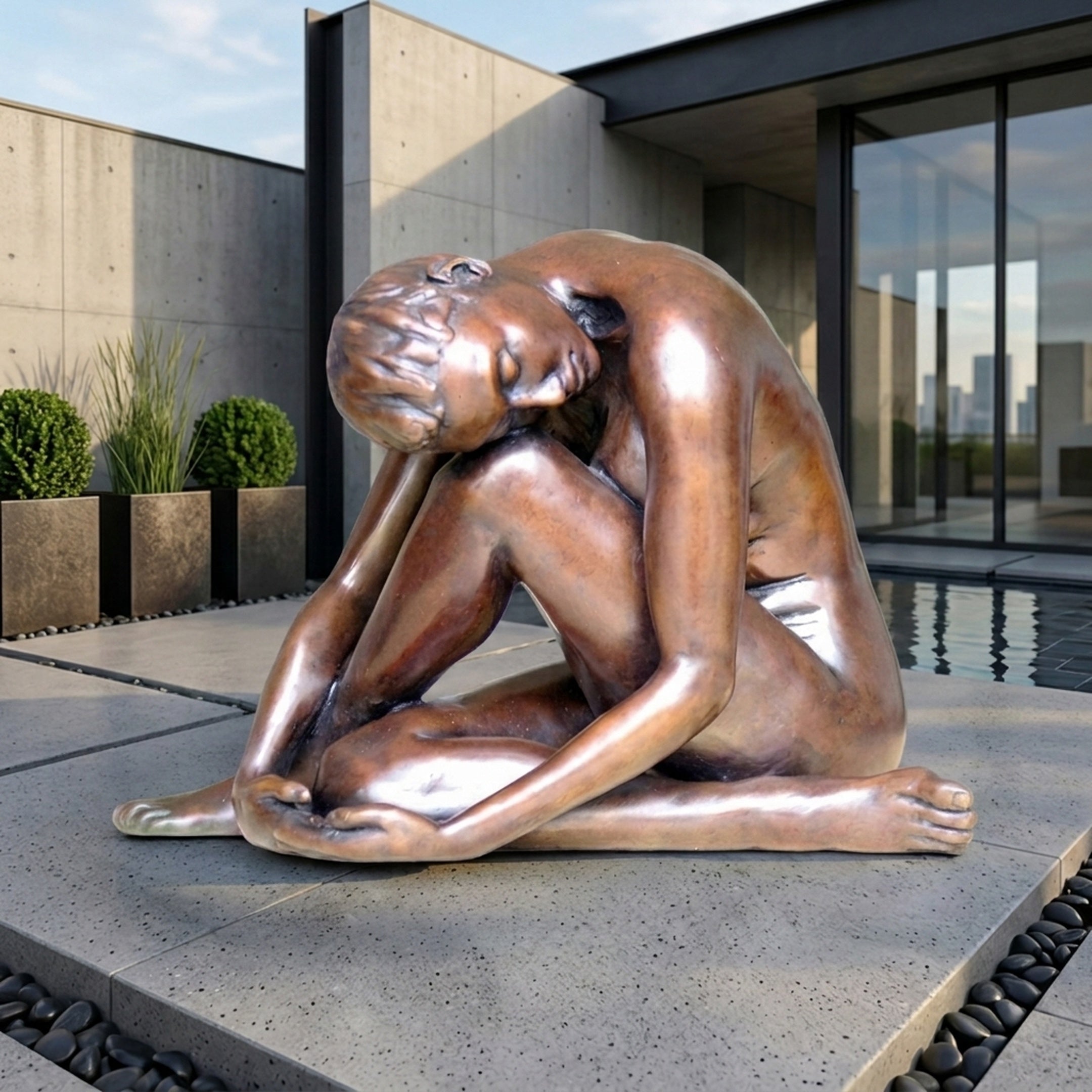 Giant Sculptures 140cm Contemporary Seated Nude Female Figure Bronze Sculpture in folded pose with warm reddish-brown patina, on a paved terrace beside a reflecting pool.
