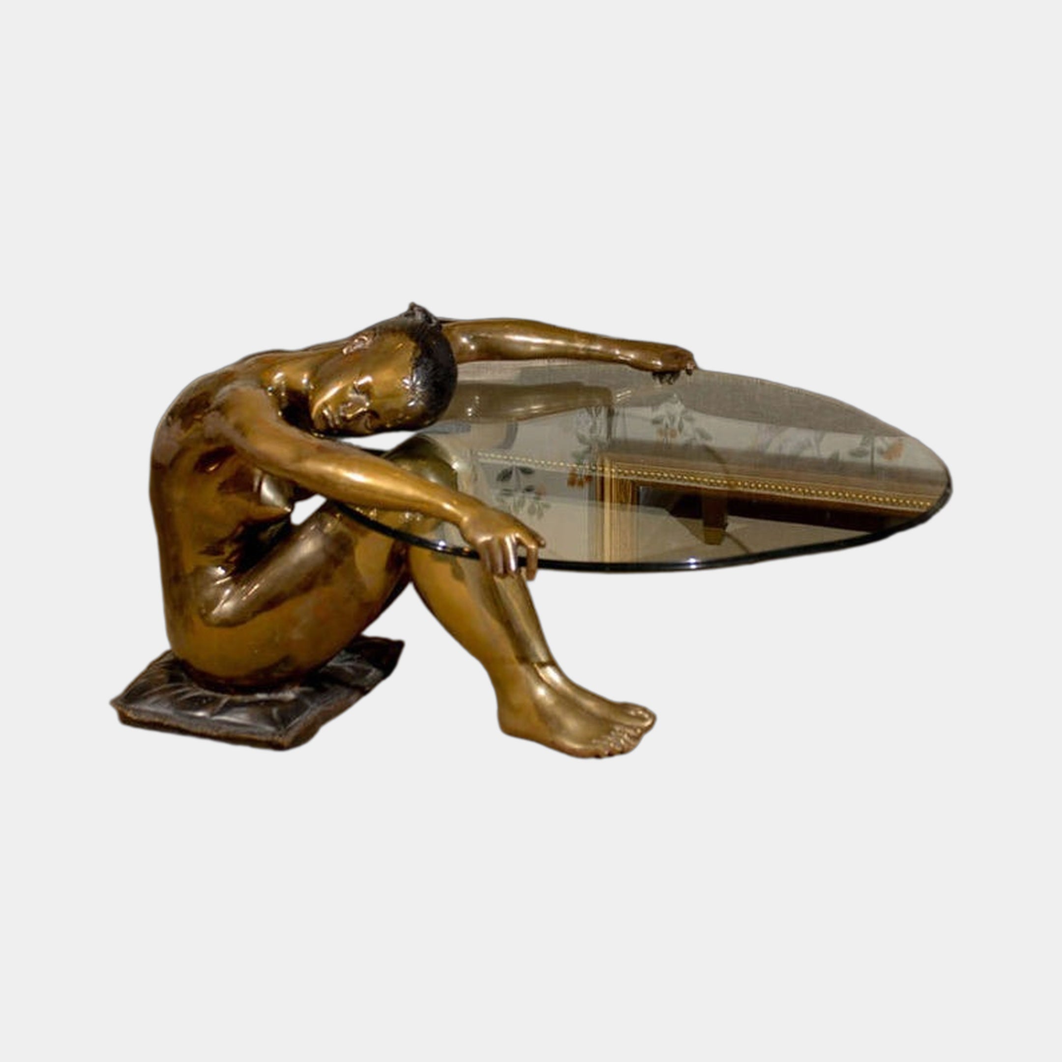 Contemporary Seated Nude Female Figure Bronze Sculpture by Giant Sculptures, 140cm, golden-brown patina figure supporting an oval glass tabletop.