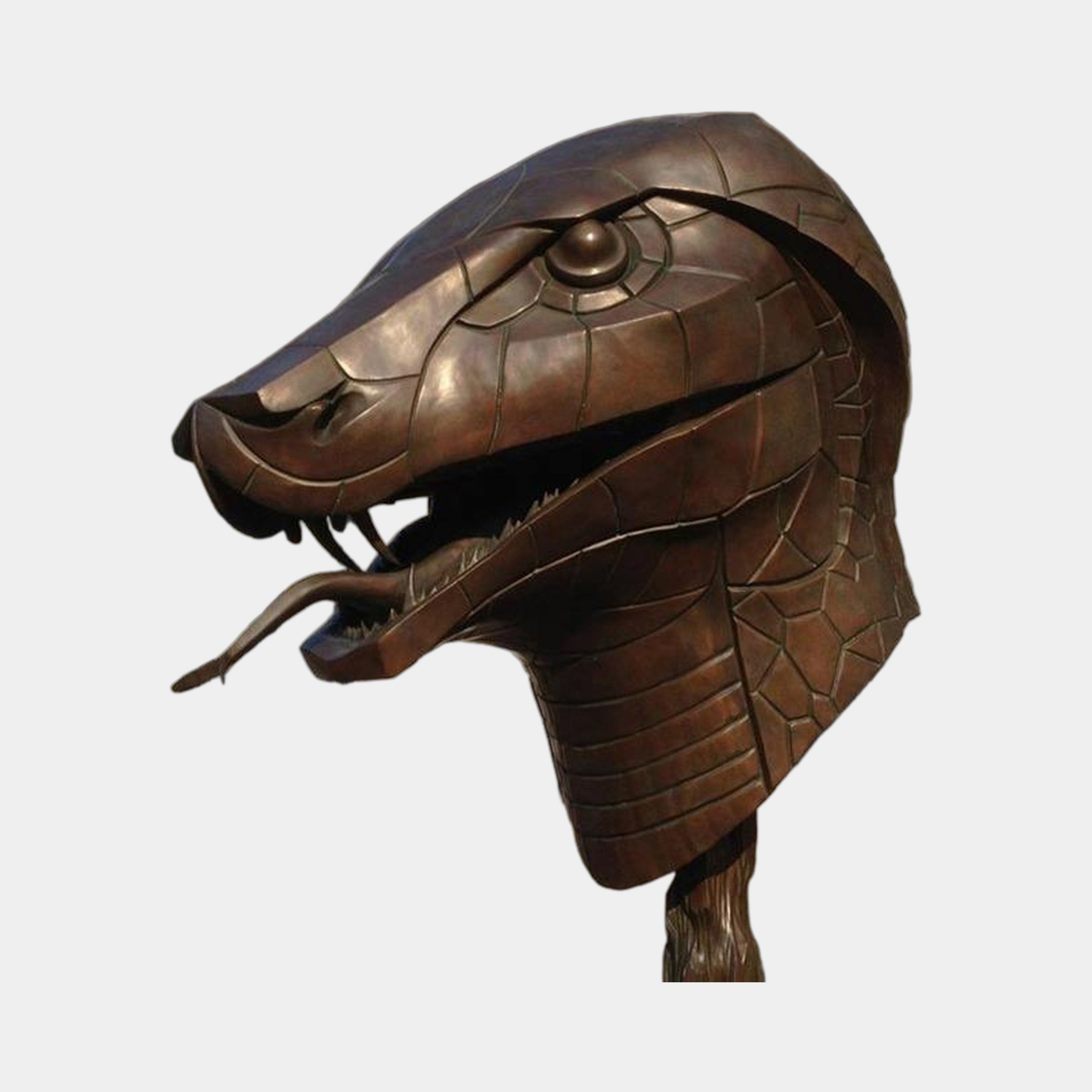 Side profile of the Giant Sculptures Contemporary Snake Head Bronze Sculpture 45cm, fangs bared and forked tongue extended, dark brown patina against a plain background.