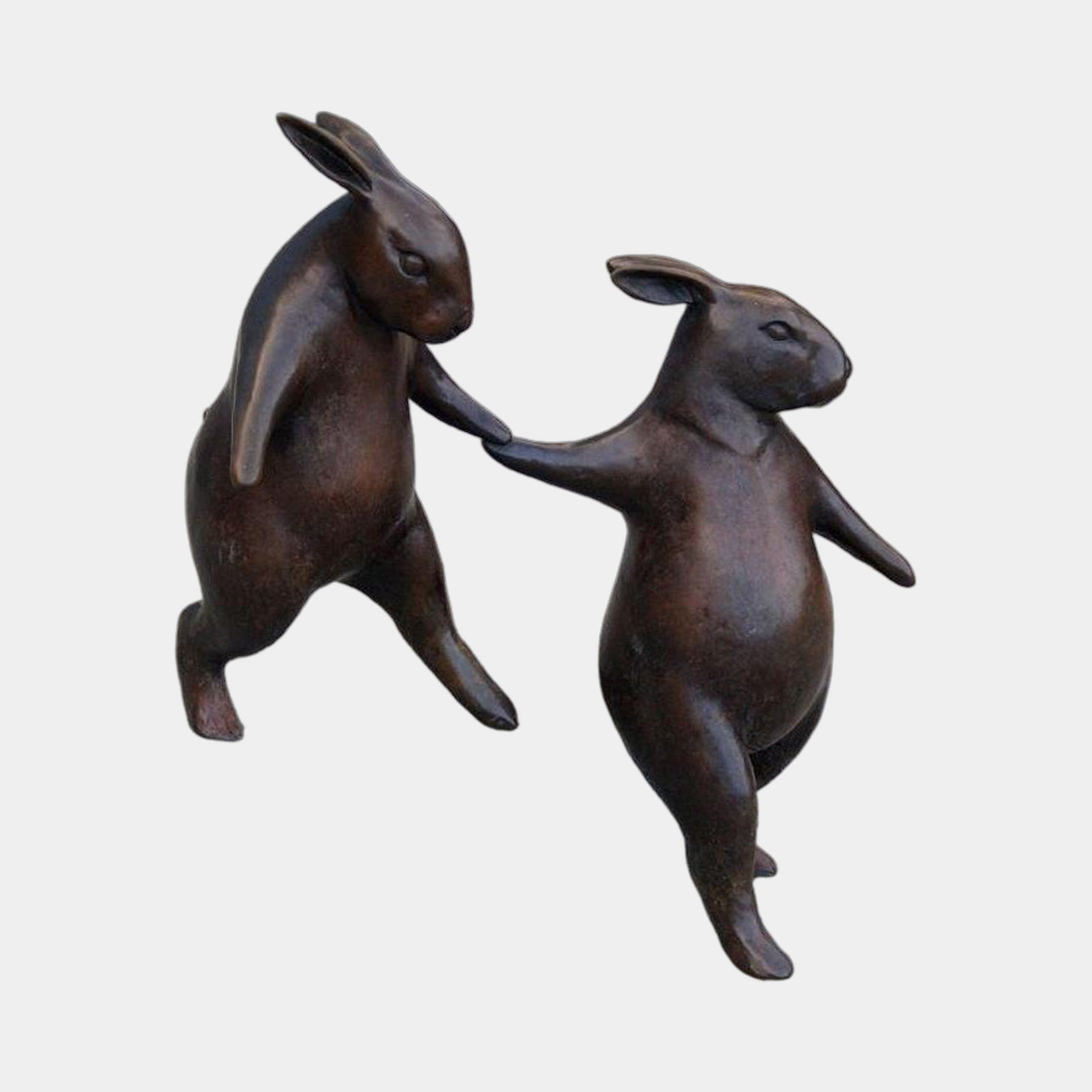 Contemporary Sparring Rabbits Bronze Sculpture by Giant Sculptures, two upright hares with dark brown patina meeting forepaws mid-spar, shown on a plain background.