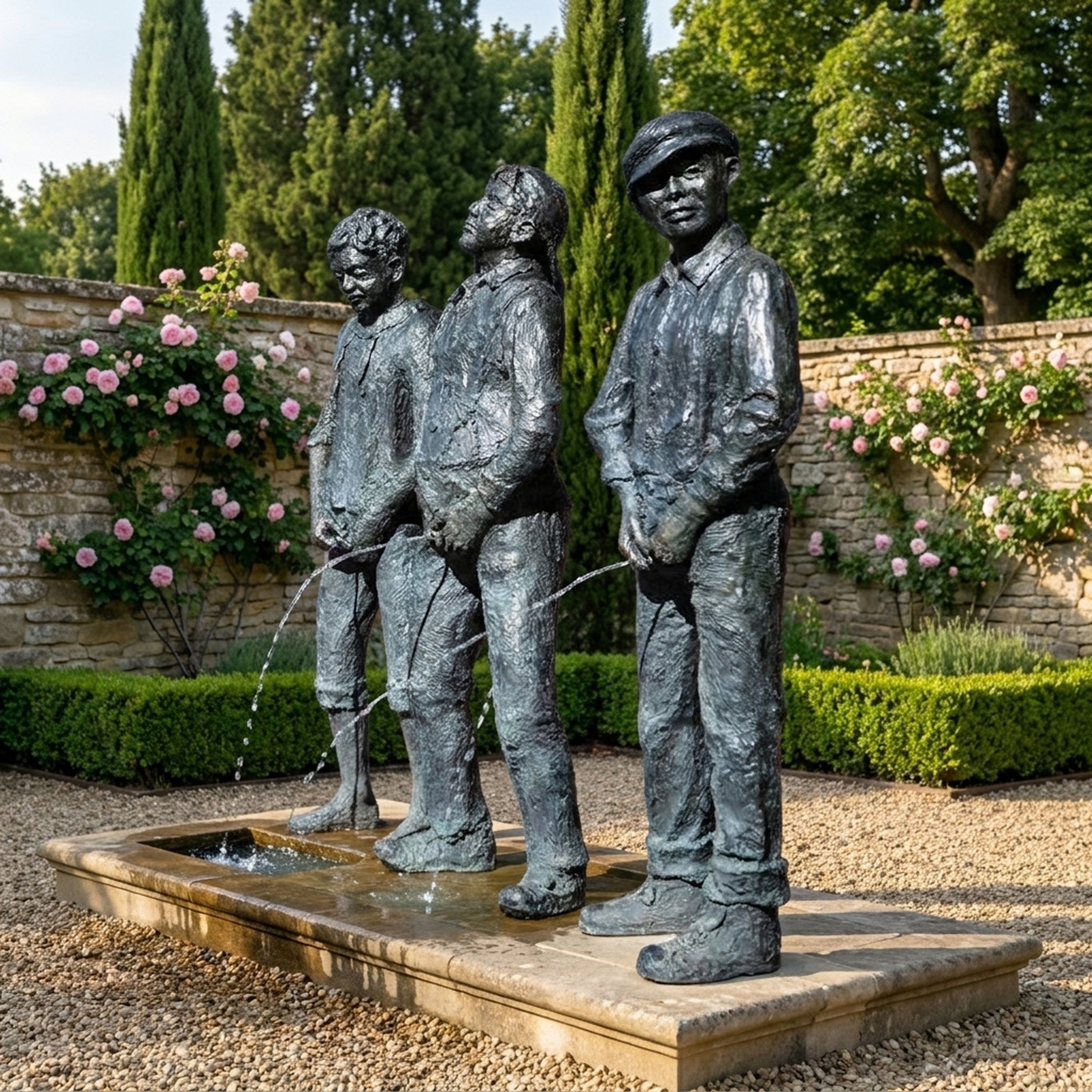 Contemporary Three Boys Peeing Bronze Fountain by Giant Sculptures, 130cm dark patina figures in caps streaming water into a stone basin in a rose garden.