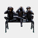 Contemporary Three Wise Monkeys Bronze Sculpture, 100cm, cast bronze chimpanzees seated on an ornate bench covering eyes, ears and mouth, dark finish, plain white background.