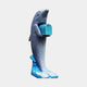 Contemporary Upright Dolphin and Mailbox Bronze Sculpture by Giant Sculptures, 170cm, blue-grey dolphin cradling a teal mailbox on a cobalt wave base.