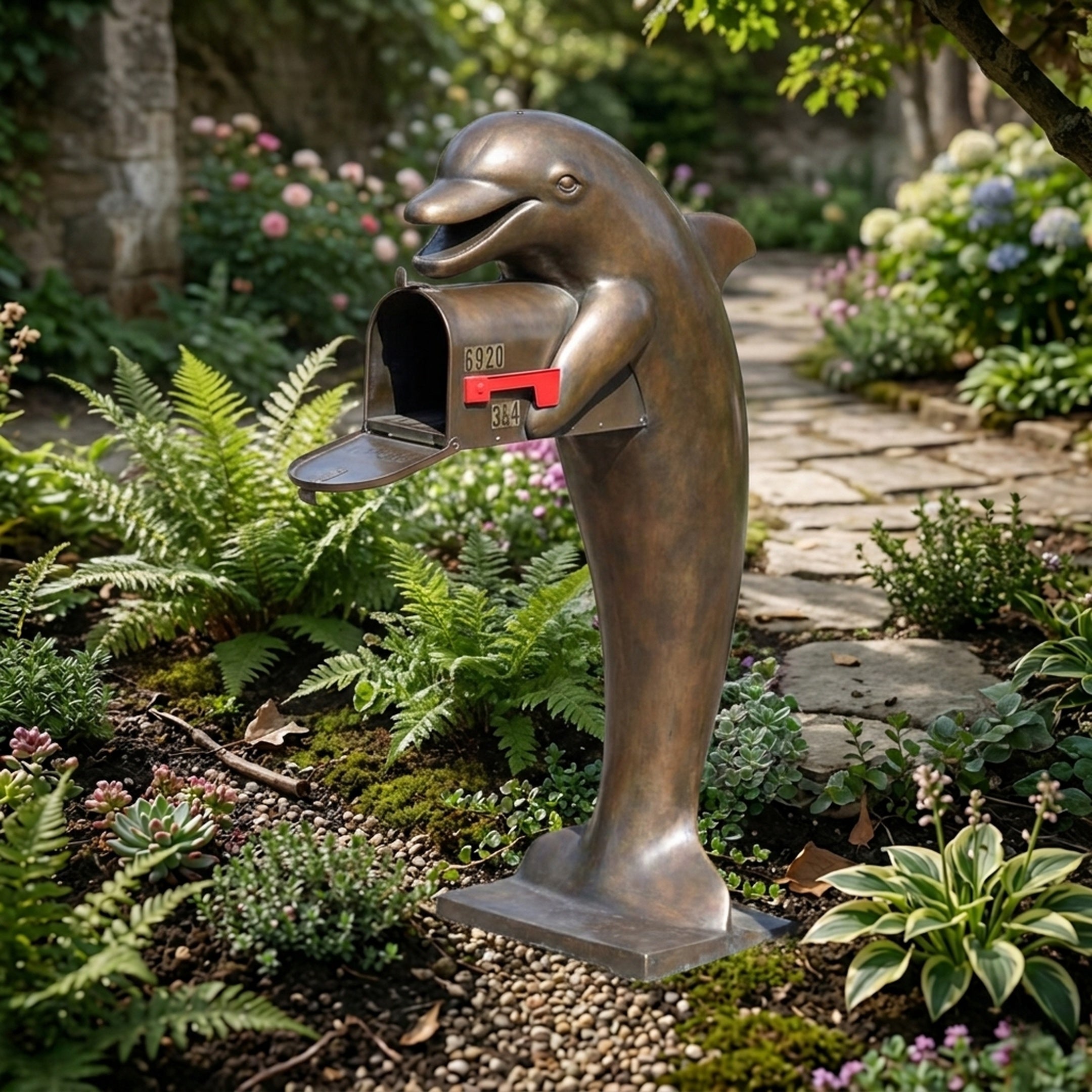 Contemporary Upright Dolphin Bronze Sculpture by Giant Sculptures, 170cm, shown upright on its tail with an open integrated mailbox in a garden path setting.