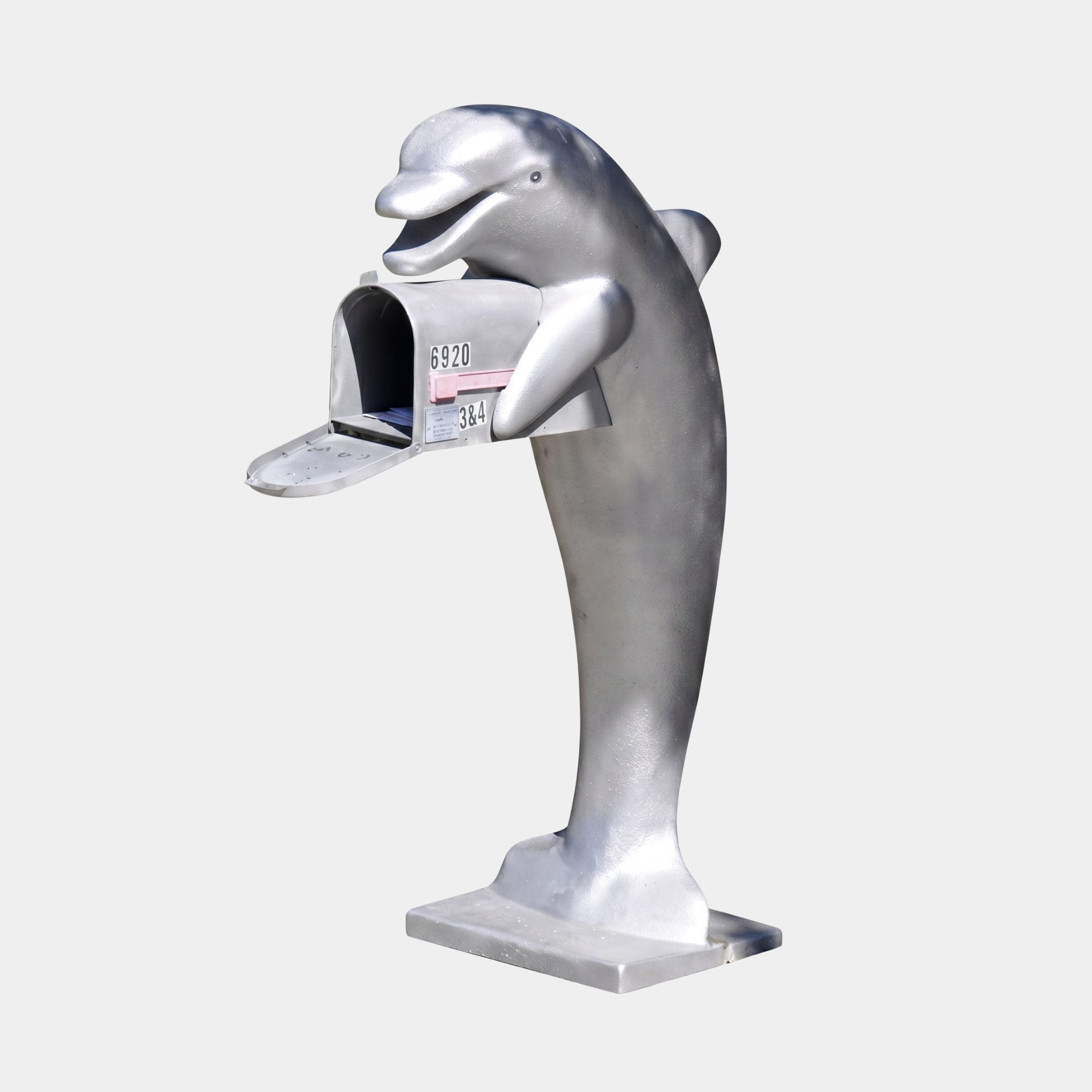 Contemporary Upright Dolphin Bronze Sculpture 170cm by Giant Sculptures, silver-grey finish with integrated open mailbox marked 6920, shown on a plain background.