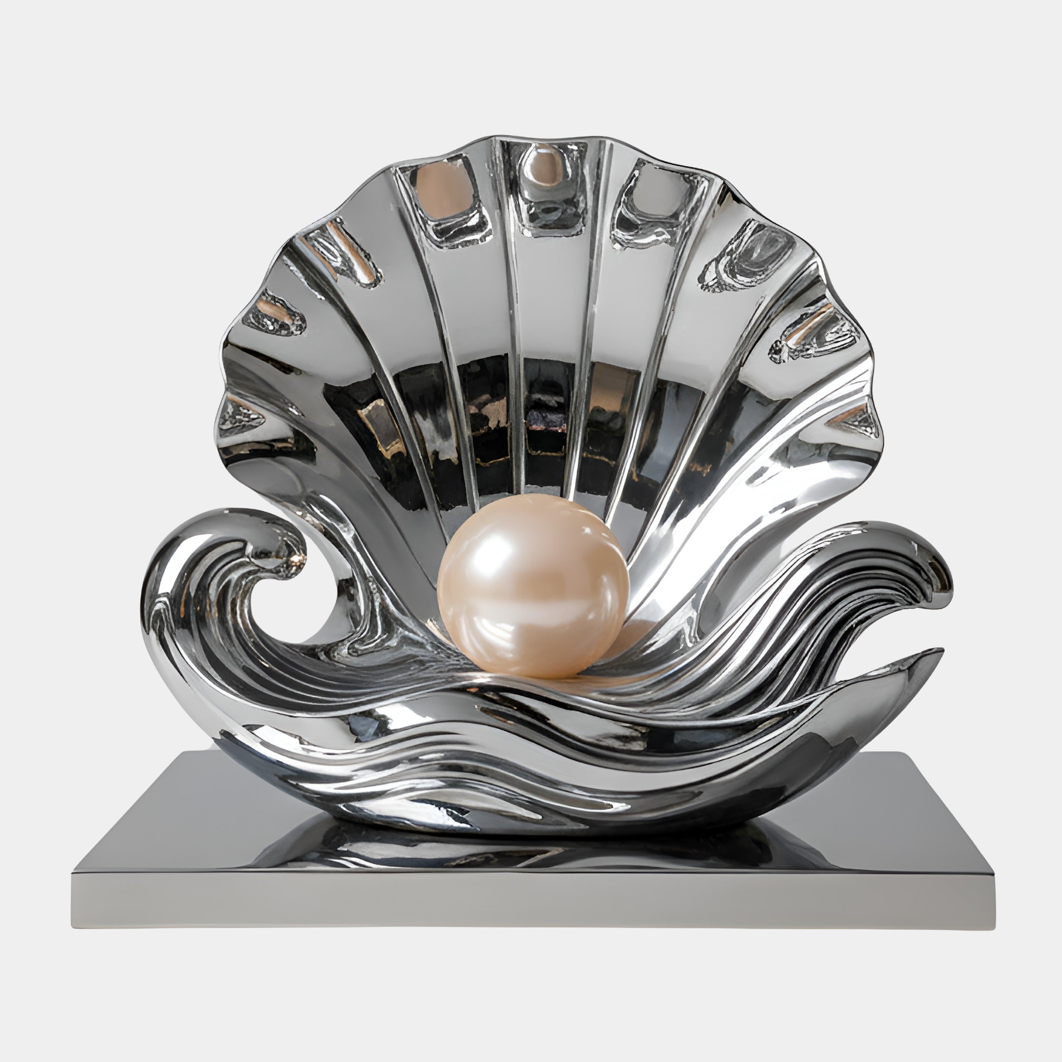 The Cradle Silver Shell Steel Sculpture - 200cm by Giant Sculptures features a striking open seashell with a glossy pearl on a reflective rectangular base, combining wave-like curves and polished surfaces for a bold contemporary statement.