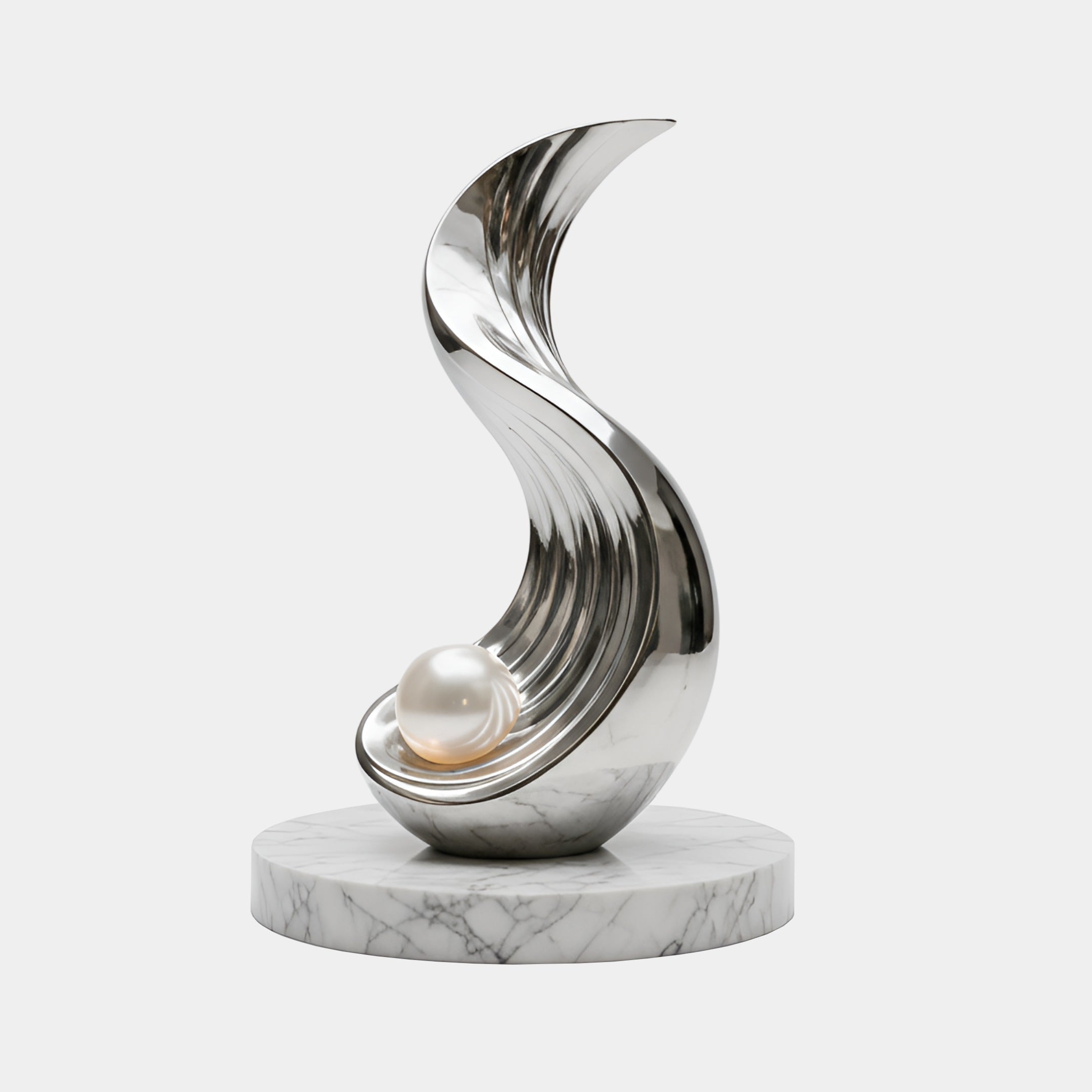 The Crestline Silver Abstract Steel Sculpture by Giant Sculptures features a flowing, curved design with a large pearl-like sphere and a mirror-polished finish, set on a white marble base with gray veining. Available in 150/220cm sizes.