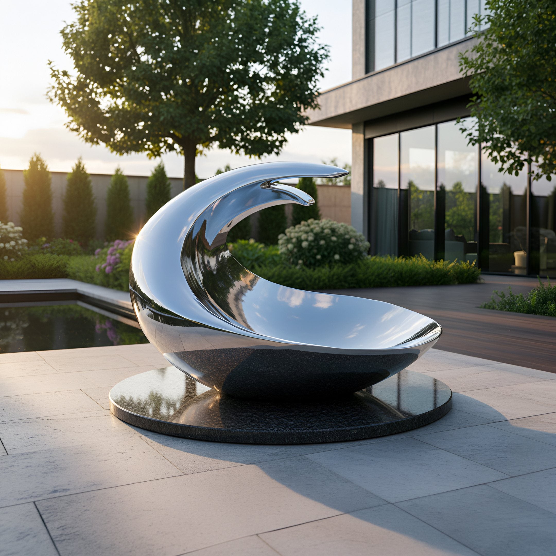 The Curl Silver Abstract Wave Steel Sculpture (180cm) by Giant Sculptures stands on a circular base in a landscaped patio near a reflective pool, with trees, flowers, and a modern building in the sunset background.