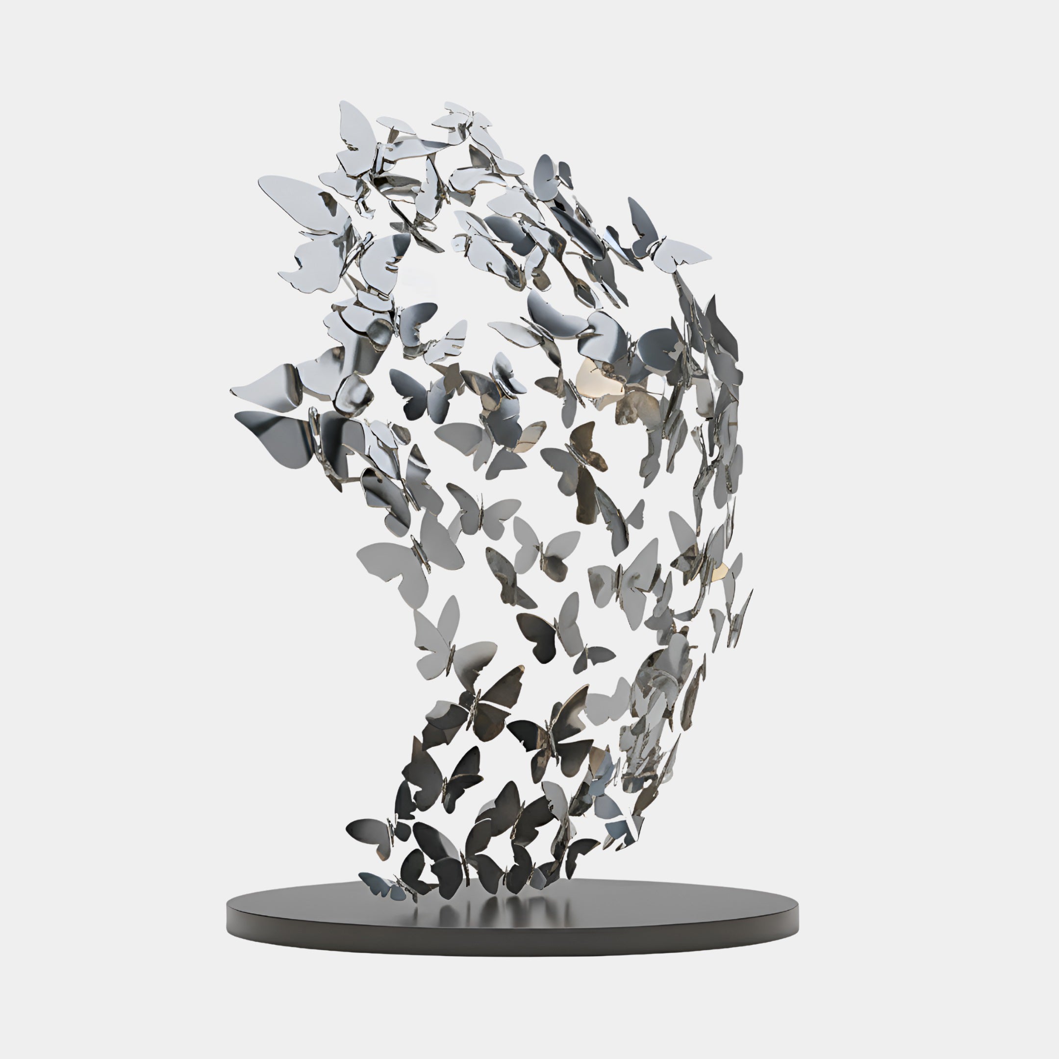 The Flutter Silver Butterfly Steel Sculpture - 200cm by Giant Sculptures features metallic butterflies swirling upward in a spiral atop a round black base, creating a striking modern artwork for contemporary spaces.