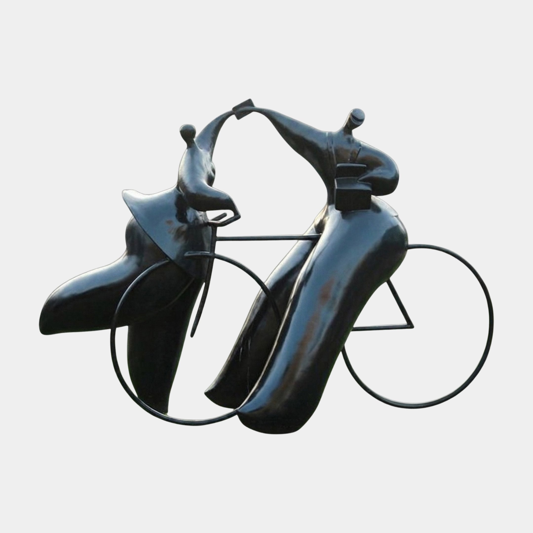 Giant Sculptures' Contemporary Elongated Figures on Bicycle Bronze Sculpture in near-black patina, two stretched figures riding a slender-framed bike, plain background.