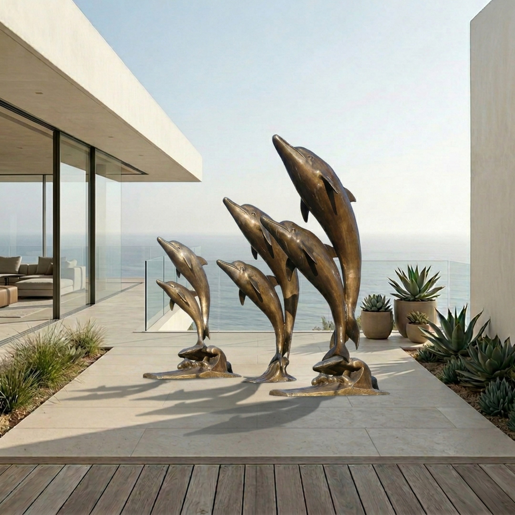Giant Sculptures' 320cm Contemporary Leaping Dolphins Bronze Sculpture in warm brown patina, arranged in three ascending pairs on a seaside terrace overlooking the ocean.