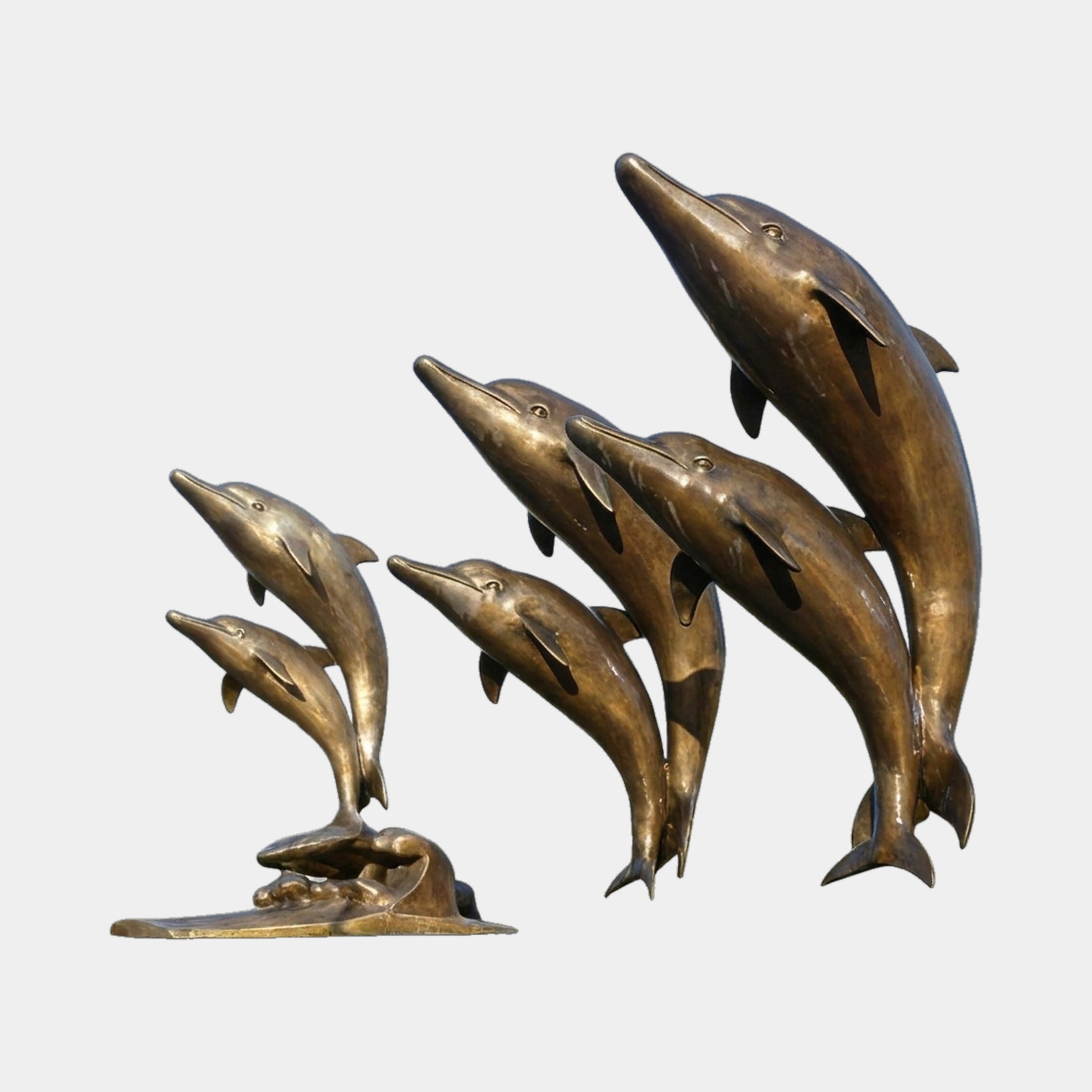 Giant Sculptures' 320cm Contemporary Leaping Dolphins Bronze Sculpture showing three paired groupings rising in ascending height with warm brown patina.