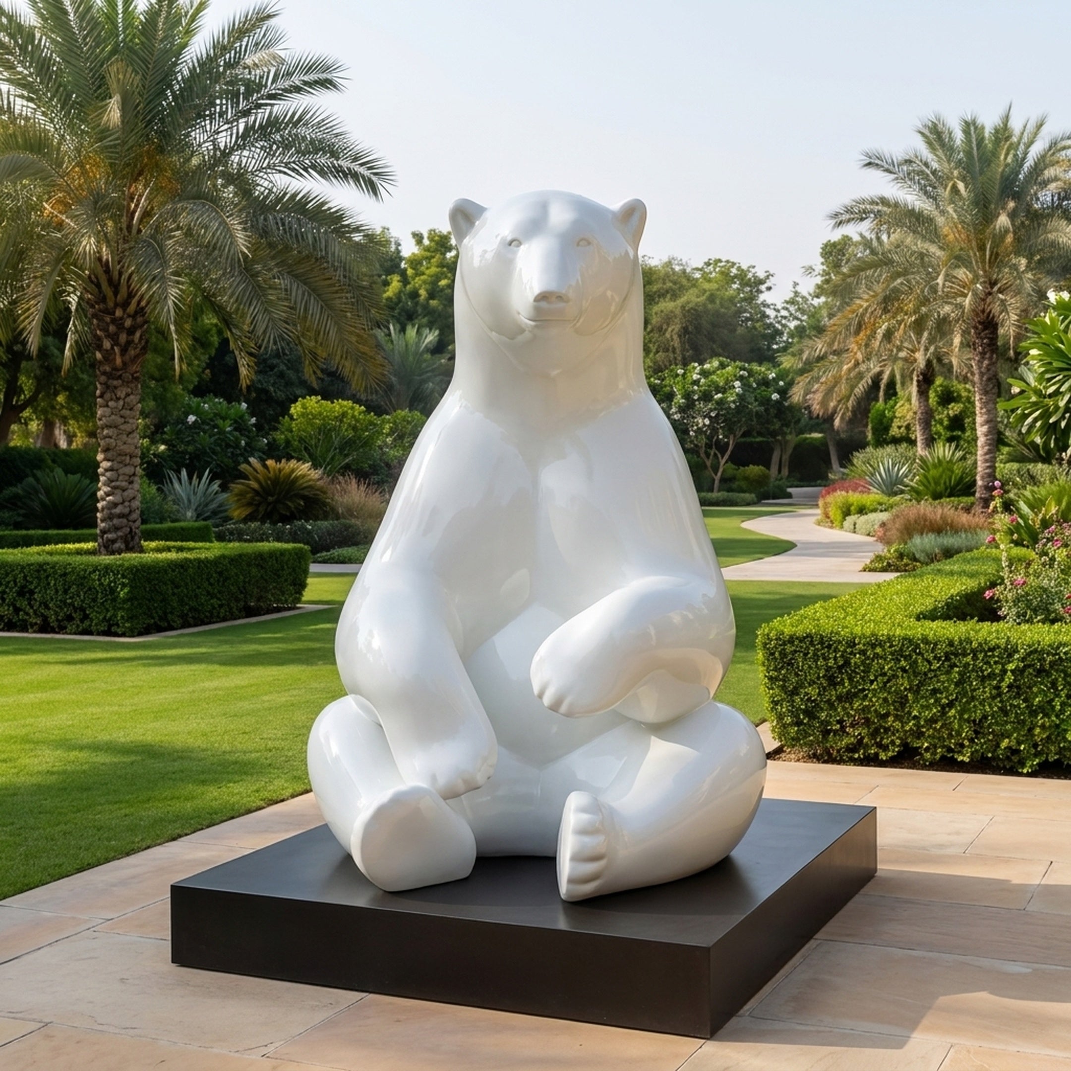 Giant Contemporary Seated Polar Bear Bronze Sculpture in high-gloss white on a black plinth, displayed outdoors among palm trees and manicured garden hedges.