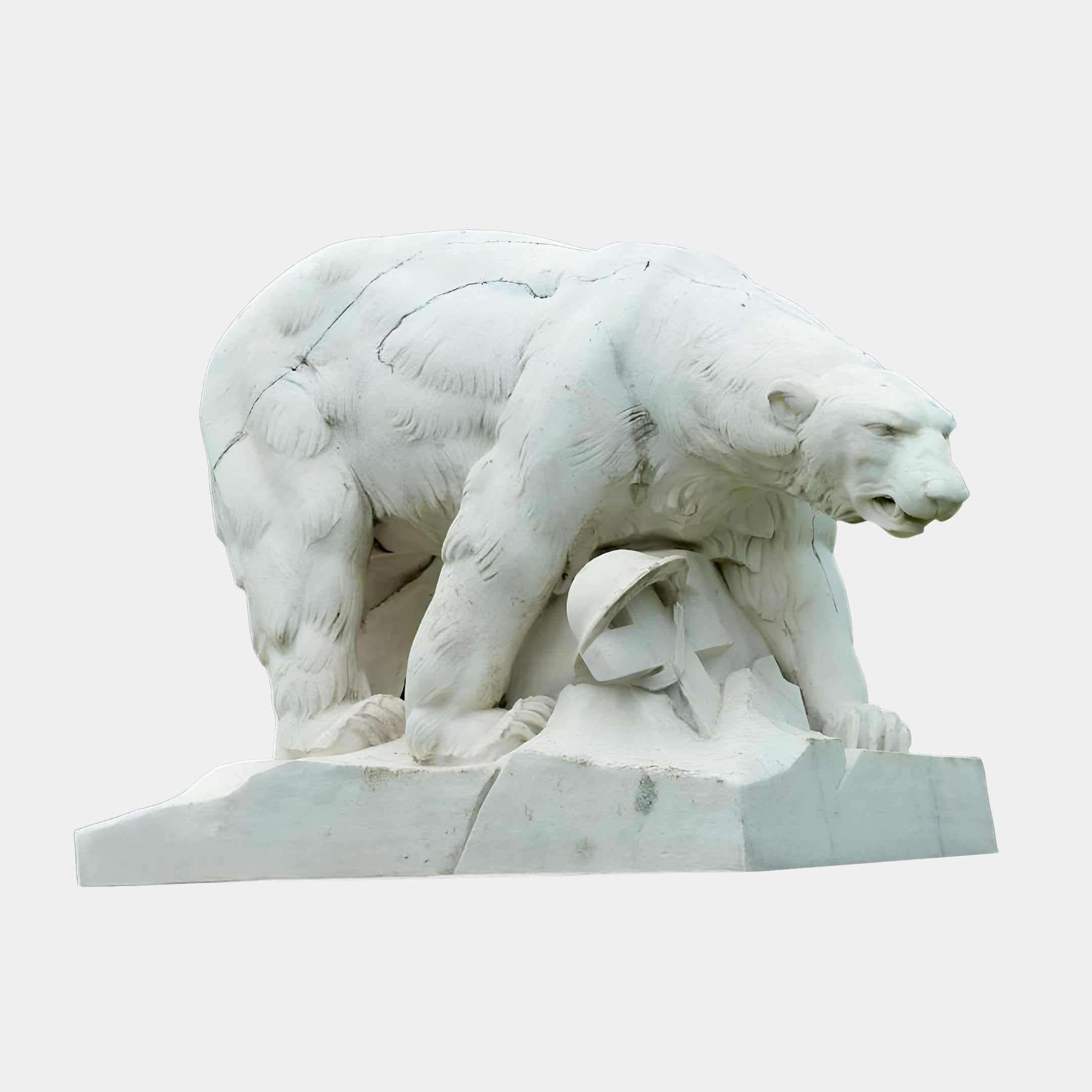 The Arctic Guardian Bear Marble Outdoor Sculpture - 180cm by Giant Sculptures is a white marble outdoor piece showing a polar bear in a protective stance over a broken military helmet with a star beneath it.