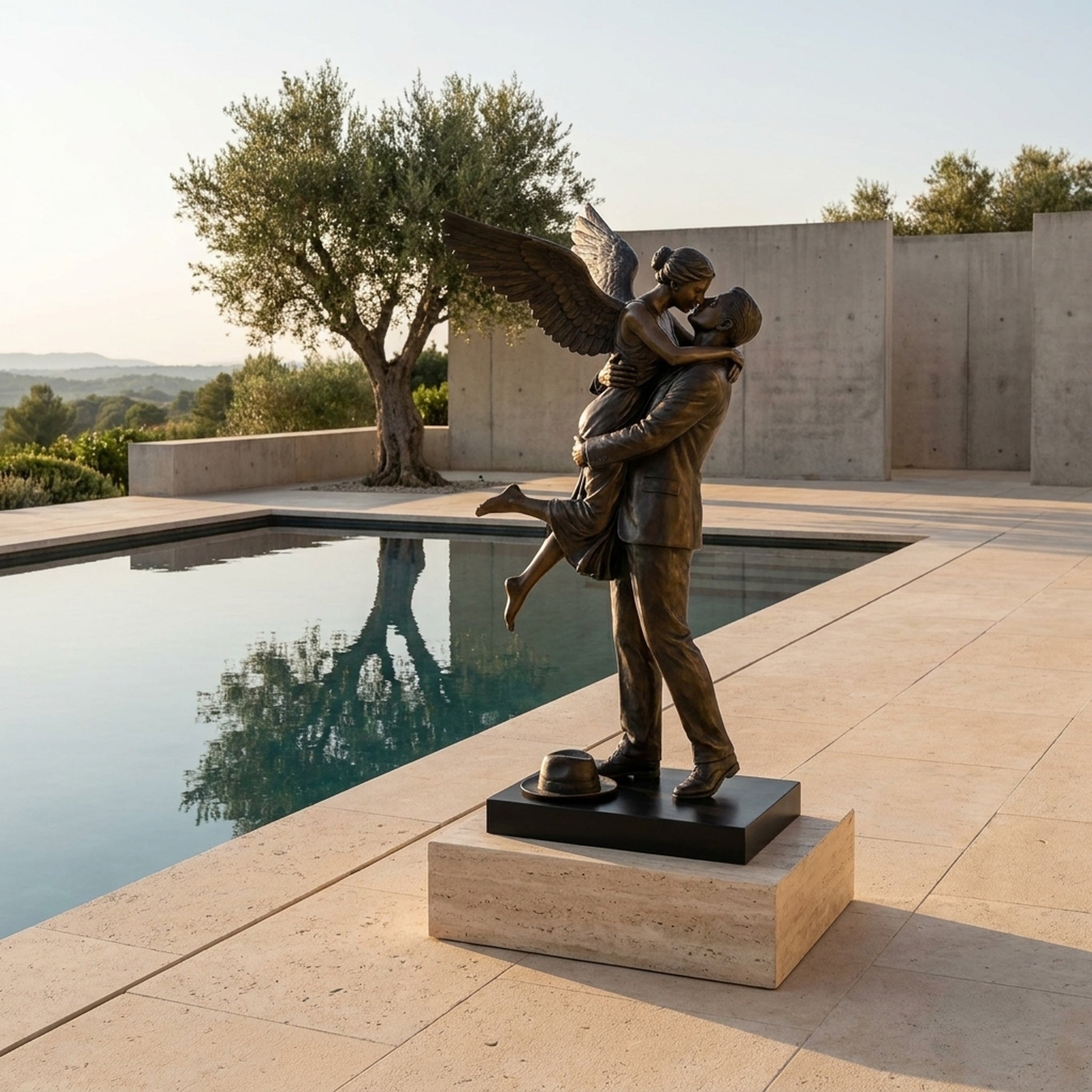 Giant Sculptures' 210cm Large Classical Angel and Male Figure Bronze Sculpture on a travertine plinth beside a reflecting pool, with an olive tree and concrete walls behind.