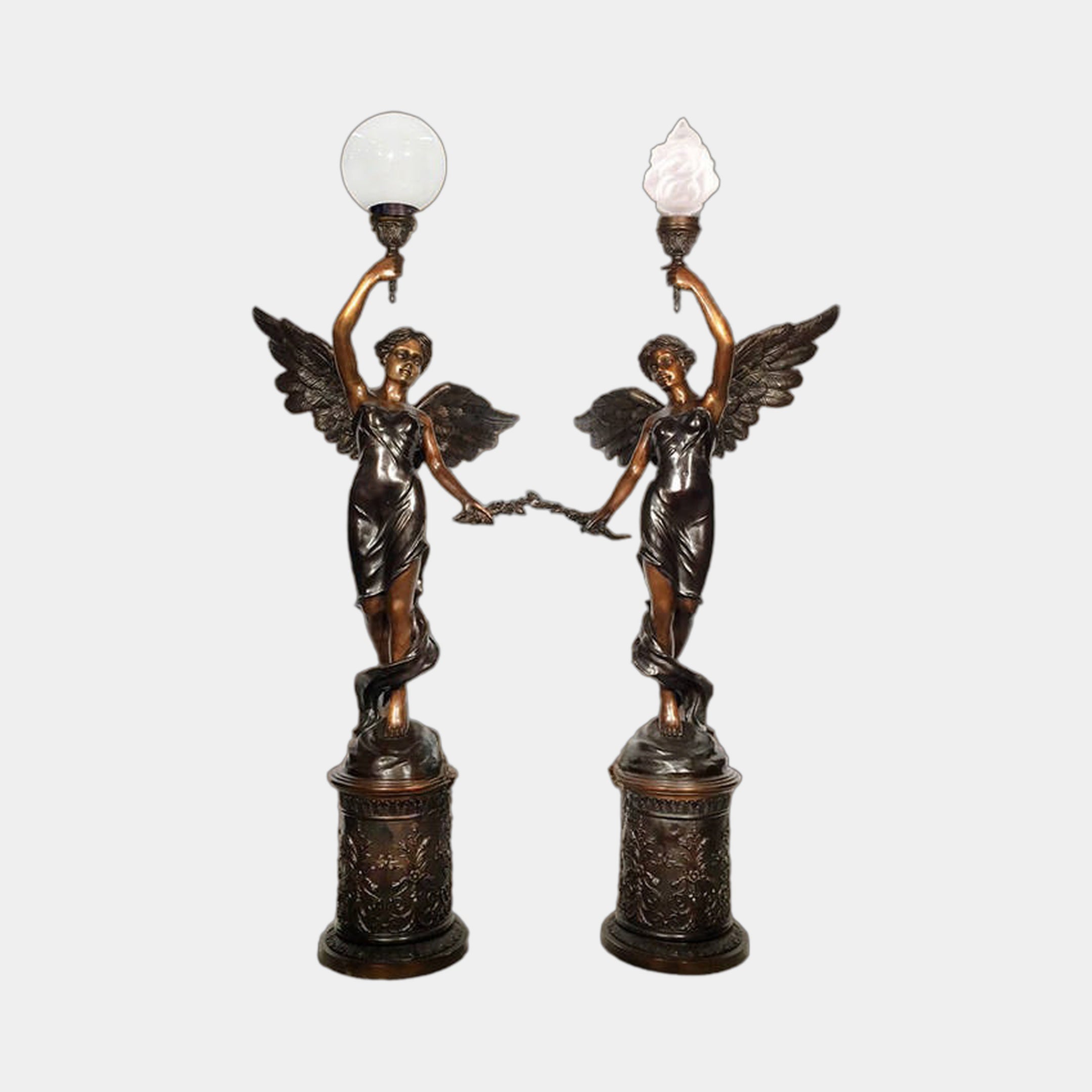 Large Classical Angel Torchiere Floor Lamp Bronze Sculpture by Giant Sculptures, a 240cm winged pair on embossed plinths holding globe and flame shades.