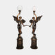 Large Classical Angel Torchiere Floor Lamp Bronze Sculpture by Giant Sculptures, a 240cm winged pair on embossed plinths holding globe and flame shades.