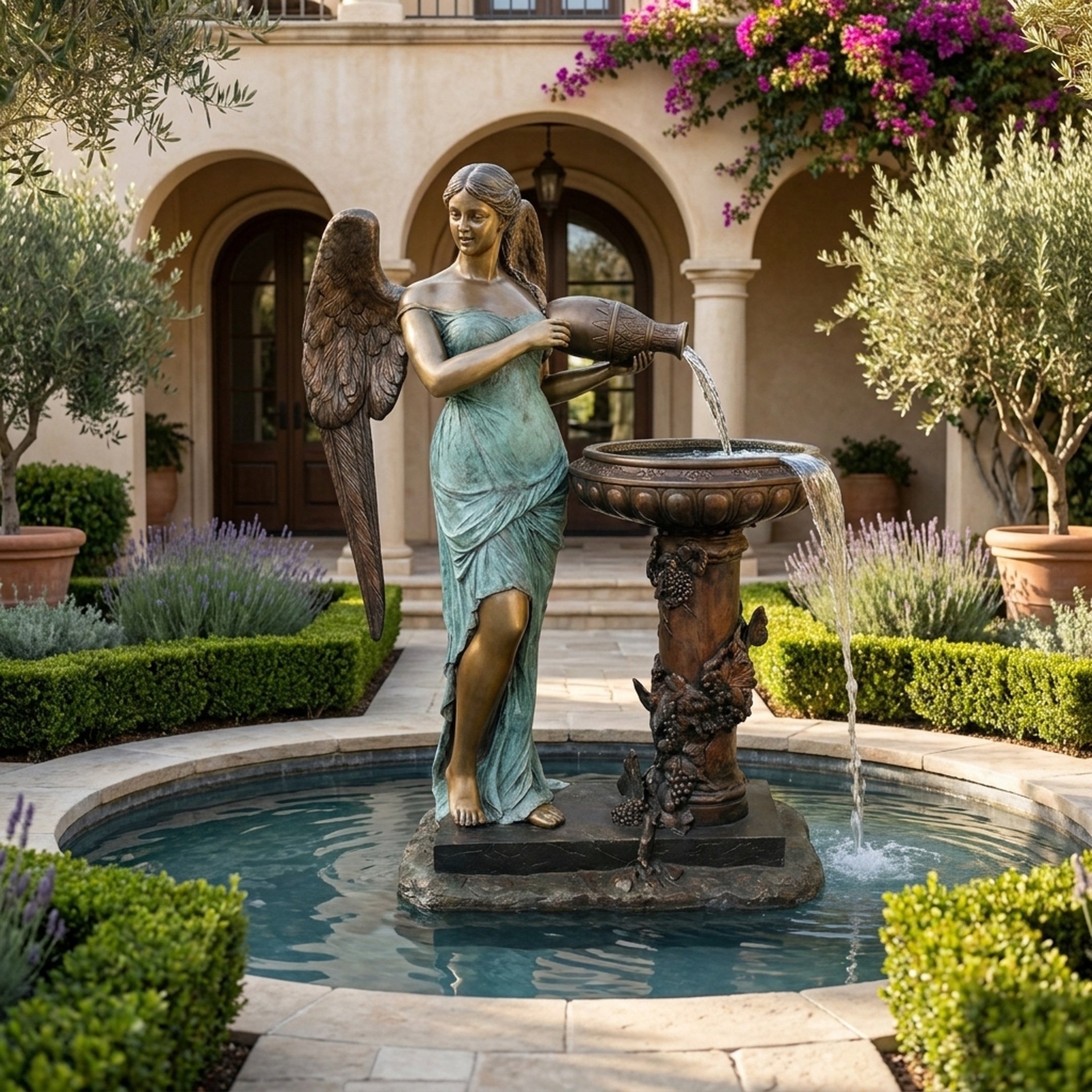 Giant Sculptures Large Classical Angel with Urn and Bird Bath Bronze Fountain 230cm pouring water into a pedestal basin in a Mediterranean courtyard.