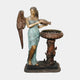Giant Sculptures Large Classical Angel with Urn and Bird Bath Bronze Fountain 230cm, winged figure in verdigris robes pouring from urn into pedestal basin.
