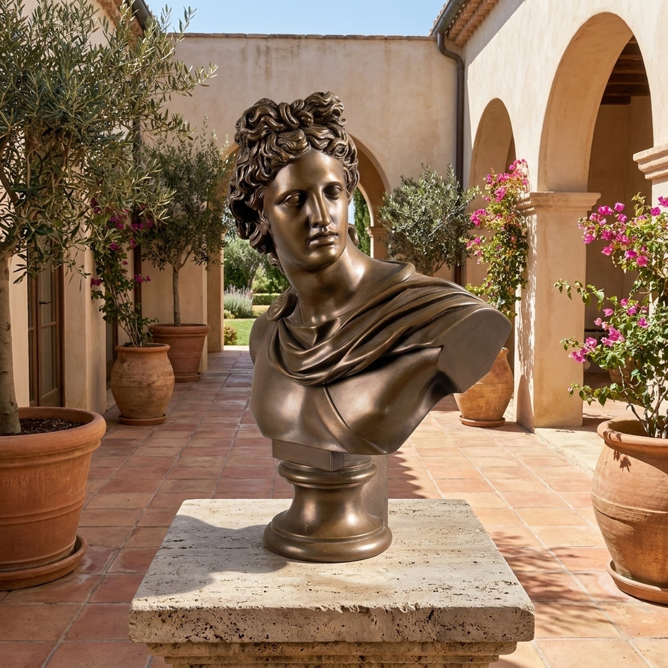 Large Classical Apollo Bust Bronze Statue by Giant Sculptures displayed on a stone plinth in a Mediterranean courtyard with terracotta tiles and potted olive trees.